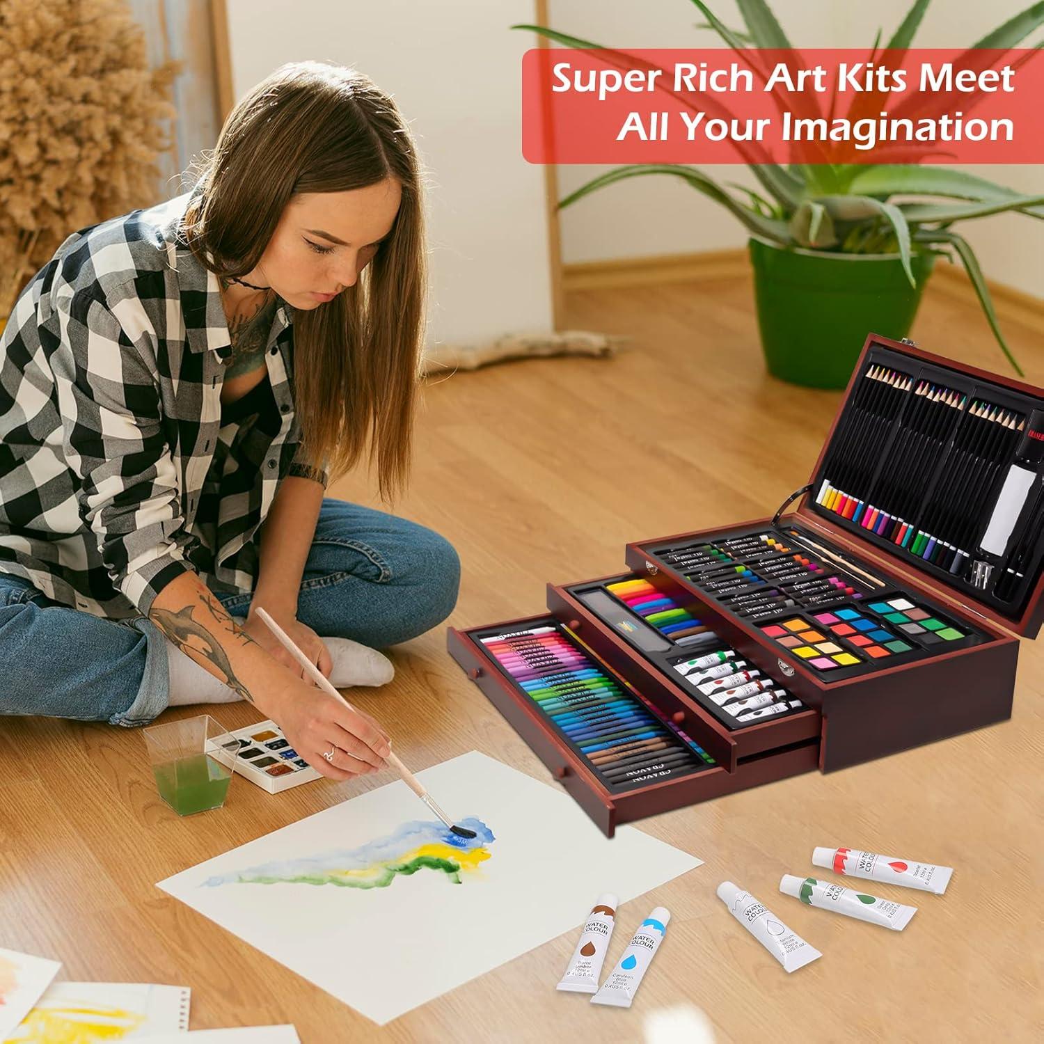 imageArt Supplies 185Piece Super Deluxe Wooden Art Set Crafts Drawing Kit with 2 Sketch Pads Crayons Oil Pastels Colored Pencils Watercolor Cakes Creative Gift for Teens Beginners Girls BoysThreeTray