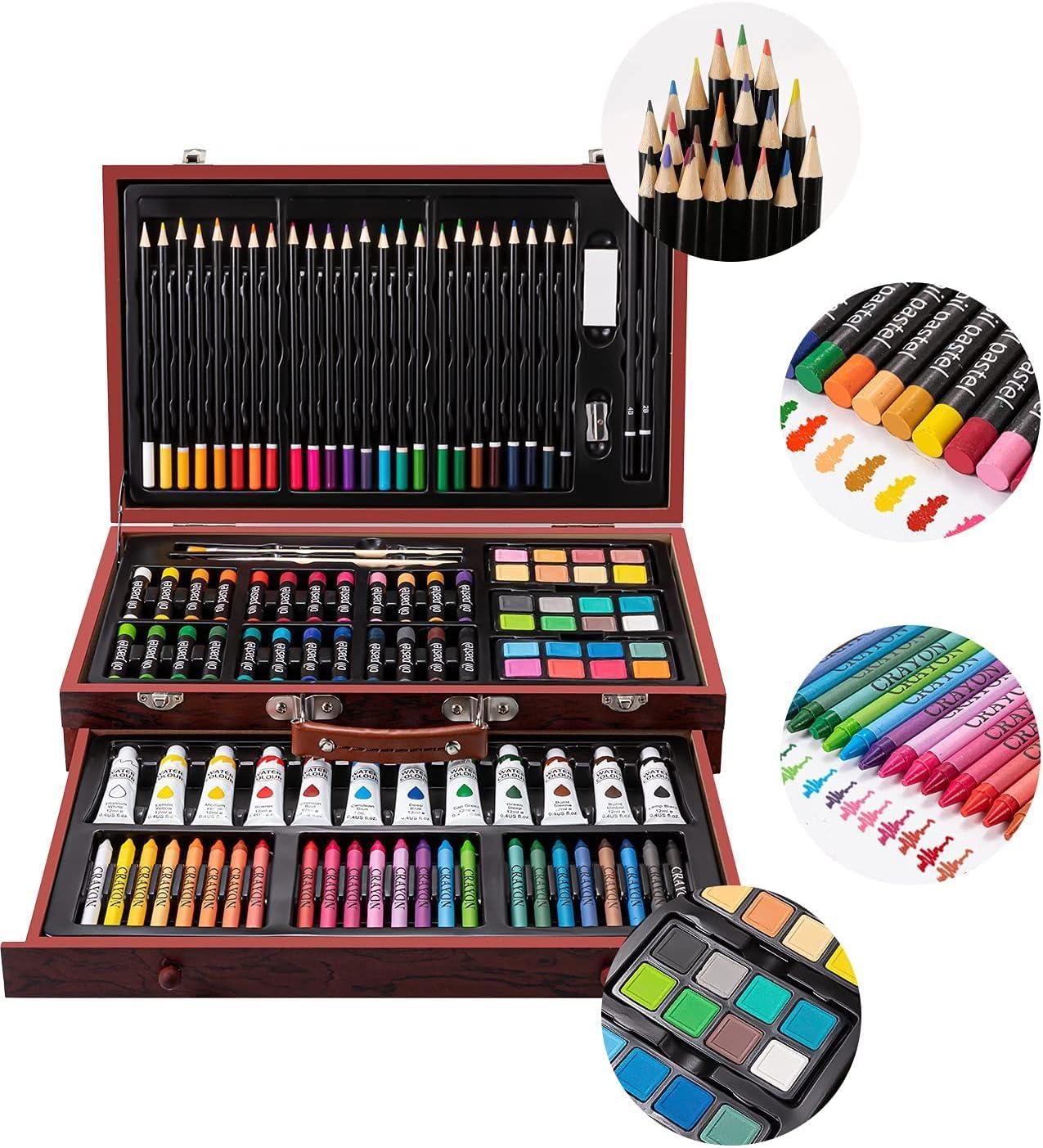 imageArt Supplies 185Piece Super Deluxe Wooden Art Set Crafts Drawing Kit with 2 Sketch Pads Crayons Oil Pastels Colored Pencils Watercolor Cakes Creative Gift for Teens Beginners Girls BoysDoubleTray