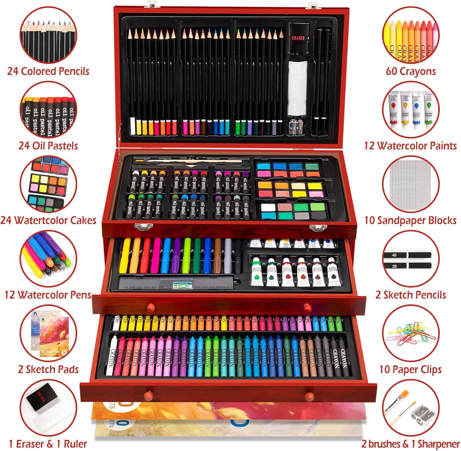 imageArt Supplies 185Piece Super Deluxe Wooden Art Set Crafts Drawing Kit with 2 Sketch Pads Crayons Oil Pastels Colored Pencils Watercolor Cakes Creative Gift for Teens Beginners Girls BoysThreeTray