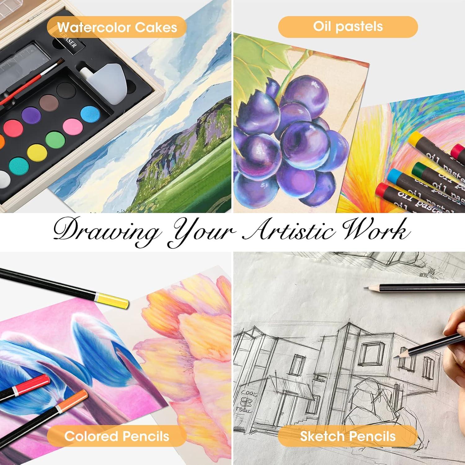 imageArt Supplies Wooden Art Set Crafts Kit with Drawing Easel Deluxe Kids Art Set Oil Pastels Colored Pencils Watercolor Cakes Creative Gift for Kids Teens Beginners Girls Boys