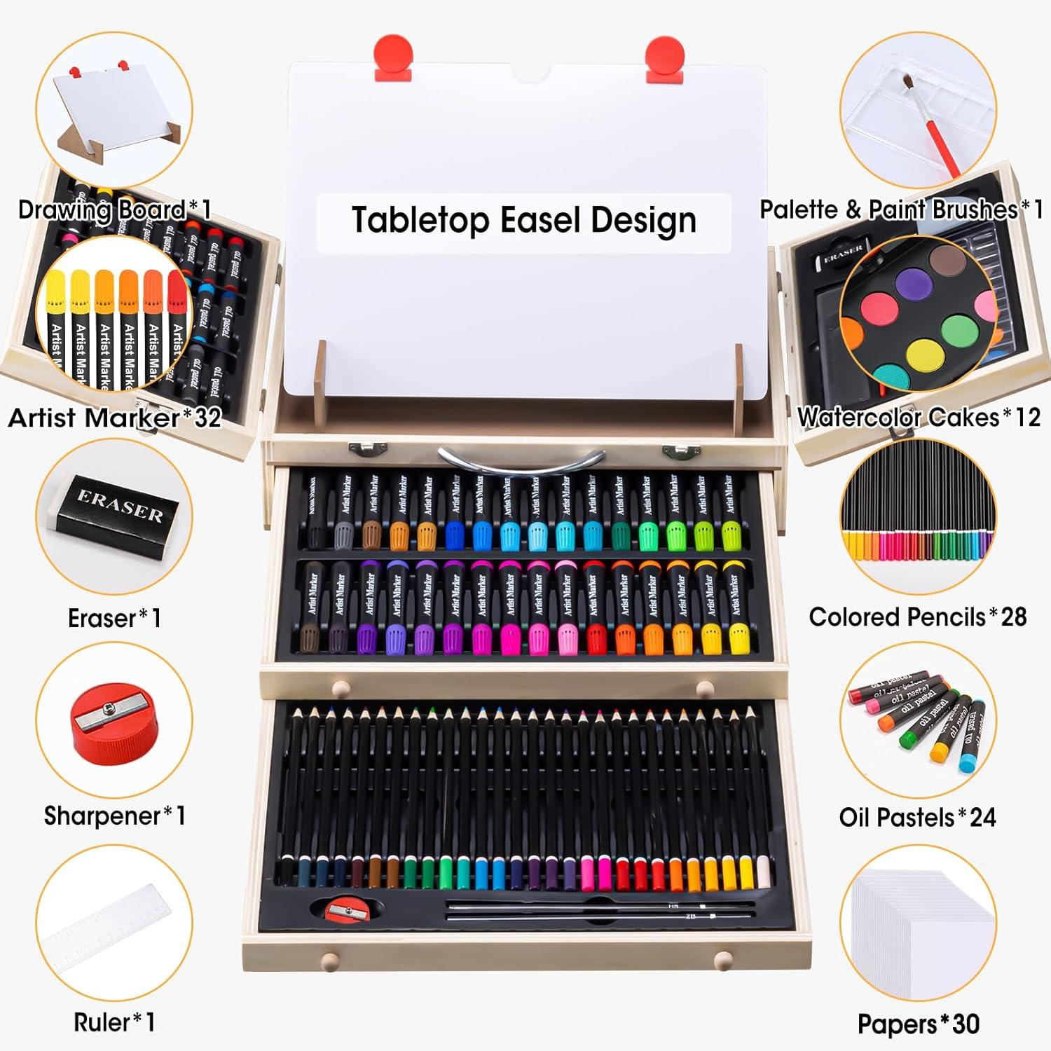 imageArt Supplies Wooden Art Set Crafts Kit with Drawing Easel Deluxe Kids Art Set Oil Pastels Colored Pencils Watercolor Cakes Creative Gift for Kids Teens Beginners Girls Boys