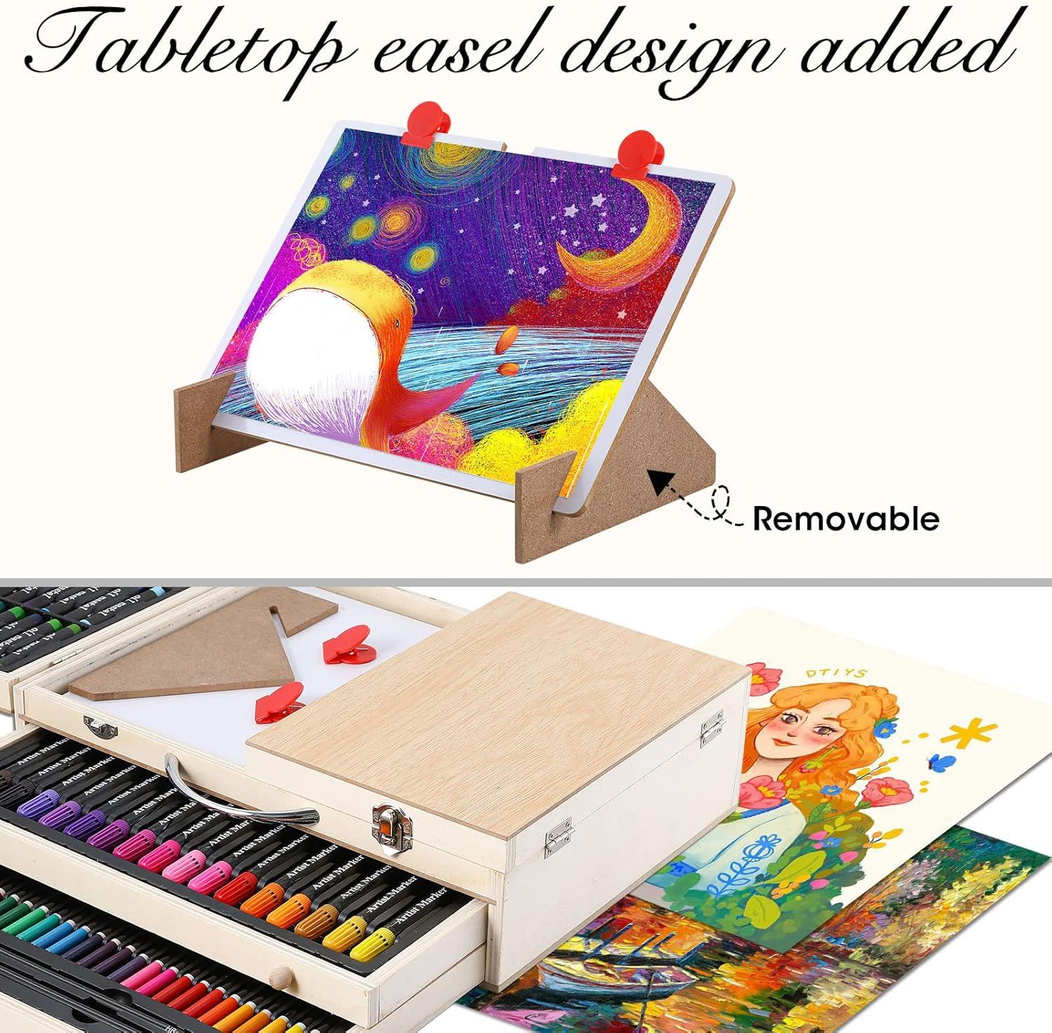 imageArt Supplies Wooden Art Set Crafts Kit with Drawing Easel Deluxe Kids Art Set Oil Pastels Colored Pencils Watercolor Cakes Creative Gift for Kids Teens Beginners Girls Boys