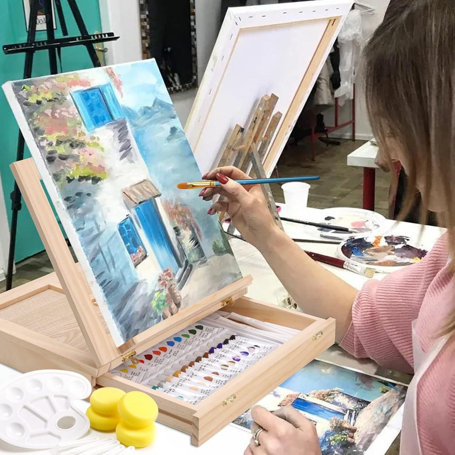 imagePainting Supplies Set 49 Pieces Watercolor Painting Kit with Wooden Tabletop Easel Includes Watercolor Paints Brushes Palette Canvas Panels and Painting Pads for Artists Student Adults Kids