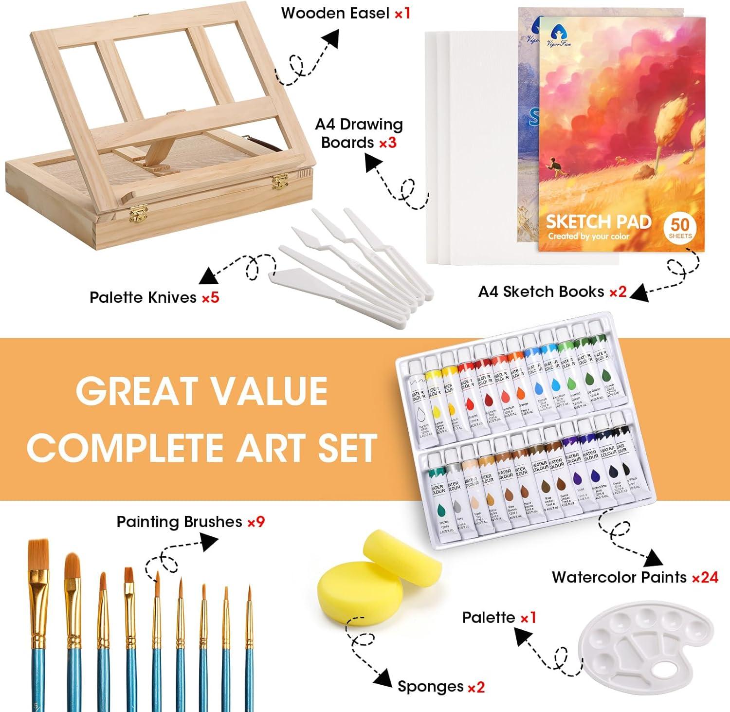 imagePainting Supplies Set 49 Pieces Watercolor Painting Kit with Wooden Tabletop Easel Includes Watercolor Paints Brushes Palette Canvas Panels and Painting Pads for Artists Student Adults Kids