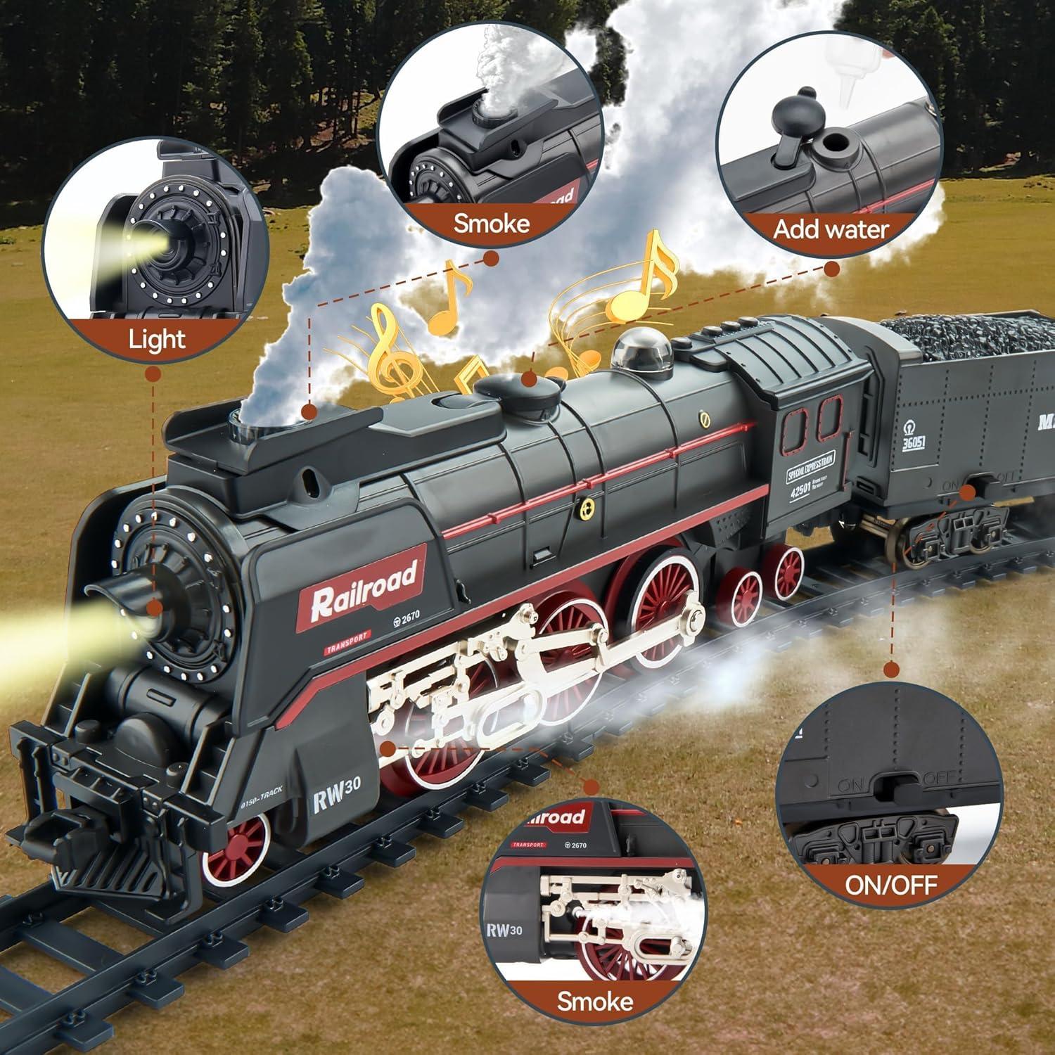 imageTrain Set with More Tracks ampamp Carriages Luxury Train Toys with Smoke Light and Sound Christmas Train Sets for Around The Tree Toy Train Set for 3 4 5 6 7 8 Years Old Boys Toddlers Gifts