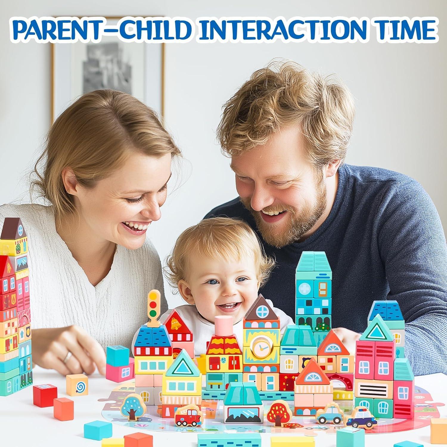 imageVigorFun 100 PCS Wooden Building Blocks Set  City Builder Stacking Toy with Storage Bag Montessori Preschool Toys for Kids Toddlers Birthday Gifts Ages 3Patterned Blocks