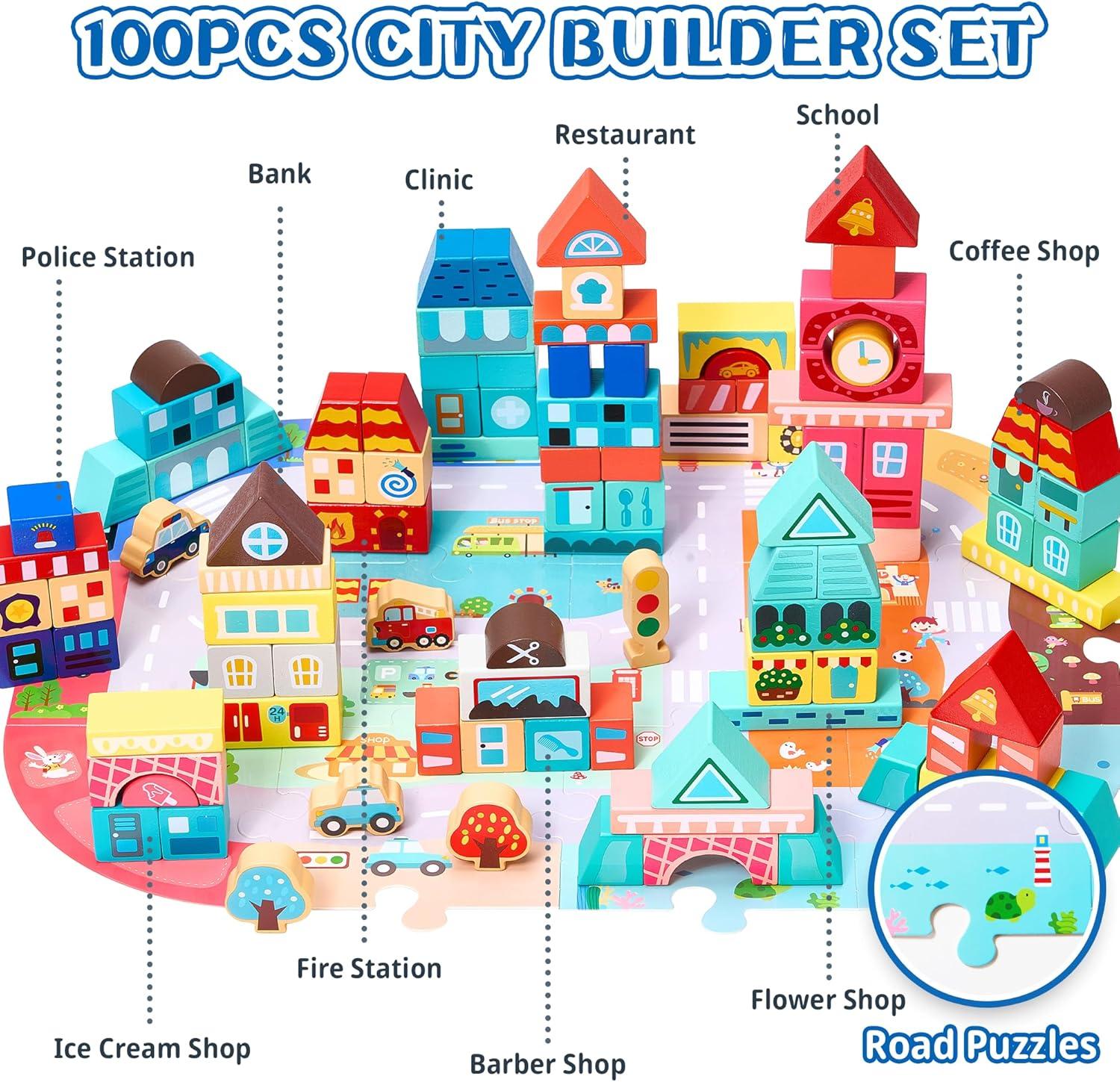 imageVigorFun 100 PCS Wooden Building Blocks Set  City Builder Stacking Toy with Storage Bag Montessori Preschool Toys for Kids Toddlers Birthday Gifts Ages 3Patterned Blocks