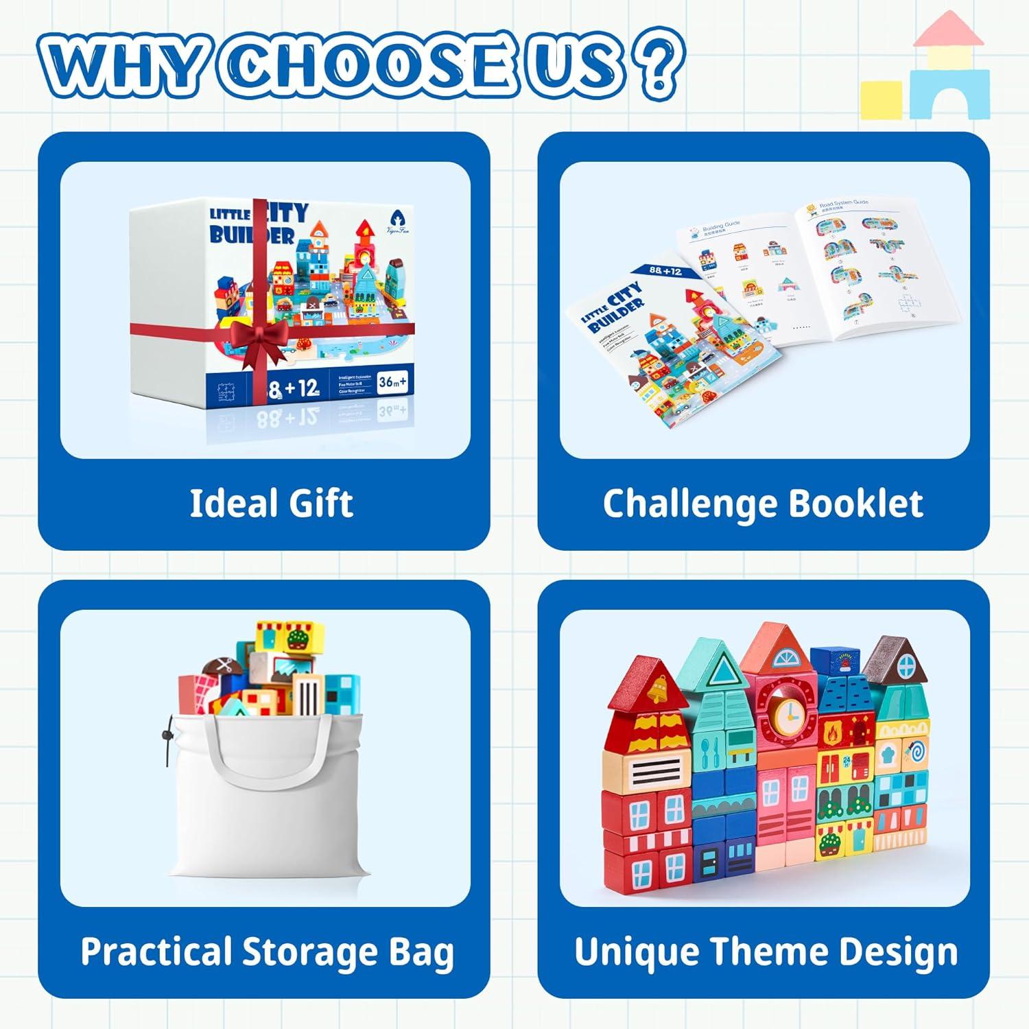 imageVigorFun 100 PCS Wooden Building Blocks Set  City Builder Stacking Toy with Storage Bag Montessori Preschool Toys for Kids Toddlers Birthday Gifts Ages 3Patterned Blocks