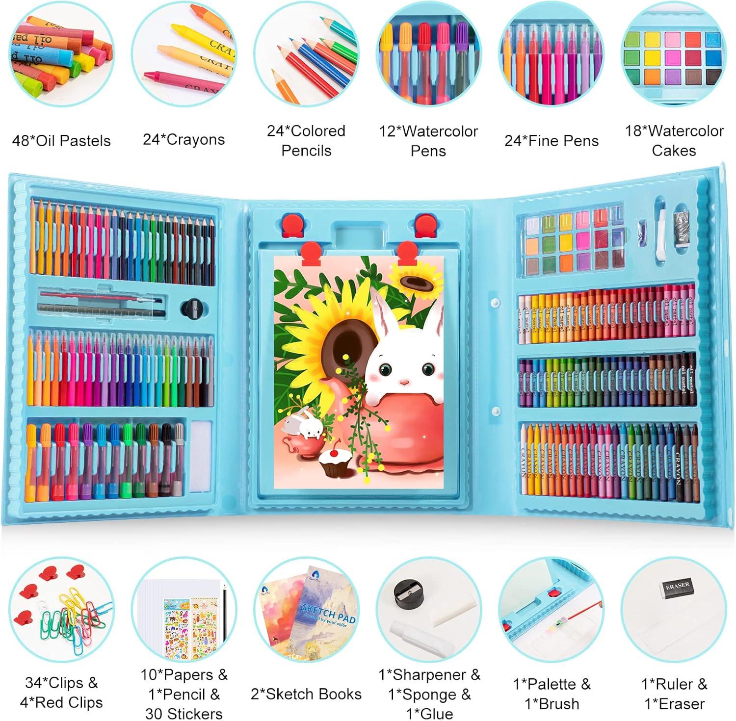 imageVigorFun Art Supplies 240Piece Drawing Art Kit Gifts for Kids Girls Boys Teens Art Set Crafts Case with Double Sided Trifold Easel Includes Sketch Pads Crayons Colored Pencils PinkCyan