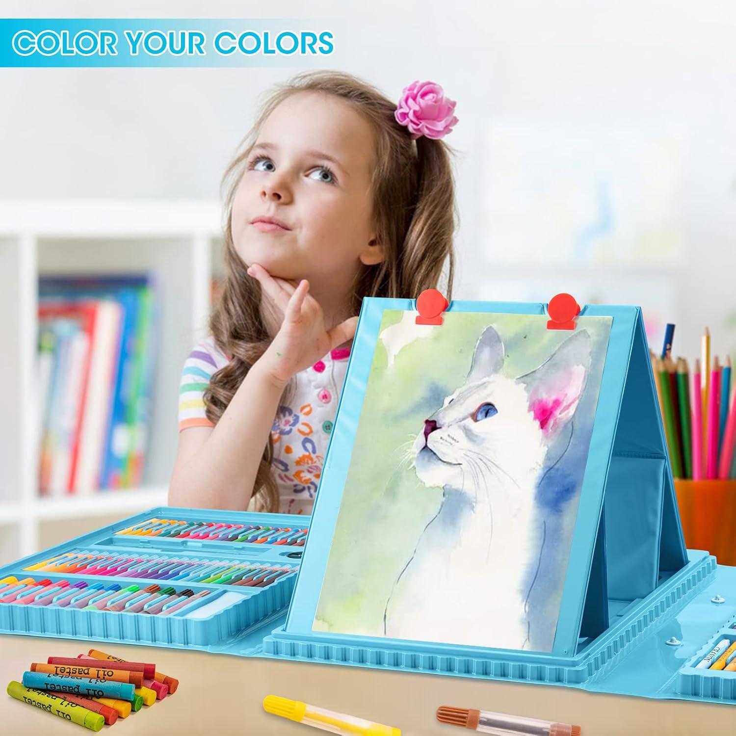 imageVigorFun Art Supplies 240Piece Drawing Art Kit Gifts for Kids Girls Boys Teens Art Set Crafts Case with Double Sided Trifold Easel Includes Sketch Pads Crayons Colored Pencils PinkBlue