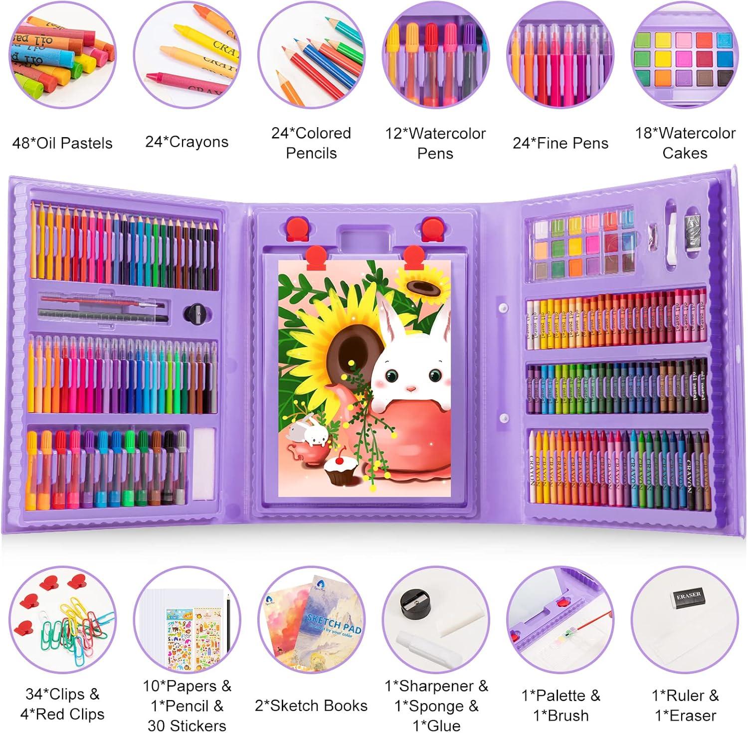 imageVigorFun Art Supplies 240Piece Drawing Art Kit Gifts for Kids Girls Boys Teens Art Set Crafts Case with Double Sided Trifold Easel Includes Sketch Pads Crayons Colored Pencils PinkPurple