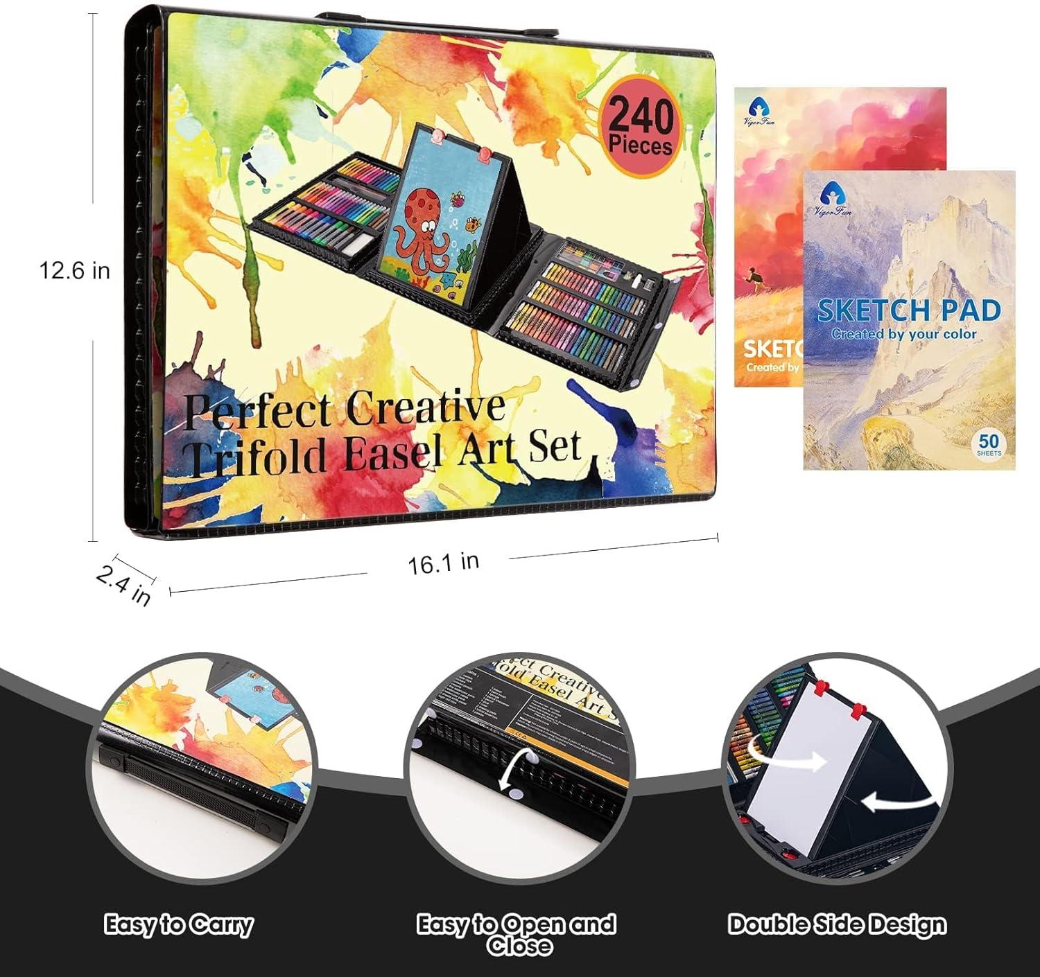 imageVigorFun Art Supplies 240Piece Drawing Art Kit Gifts for Kids Girls Boys Teens Art Set Crafts Case with Double Sided Trifold Easel Includes Sketch Pads Crayons Colored Pencils PinkBlack