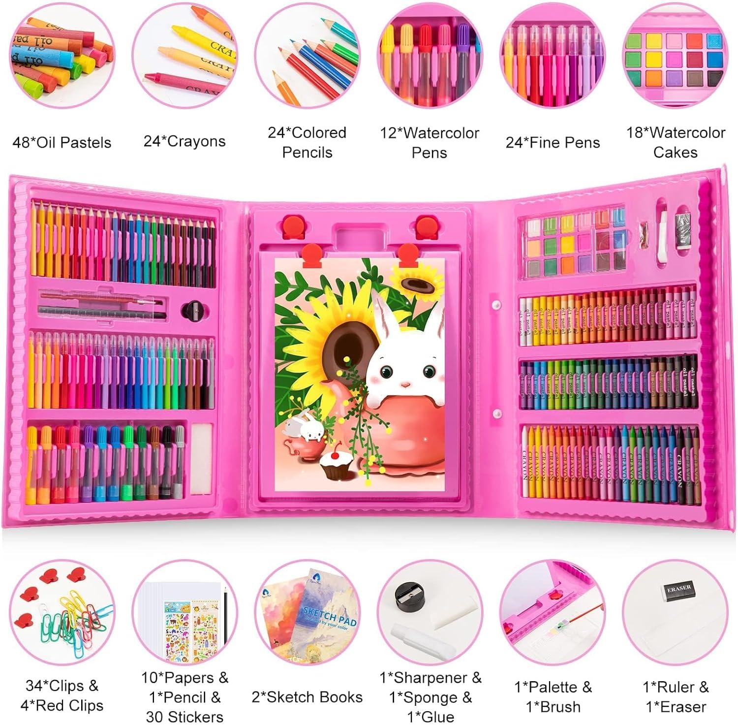 imageVigorFun Art Supplies 240Piece Drawing Art Kit Gifts for Kids Girls Boys Teens Art Set Crafts Case with Double Sided Trifold Easel Includes Sketch Pads Crayons Colored Pencils PinkPink