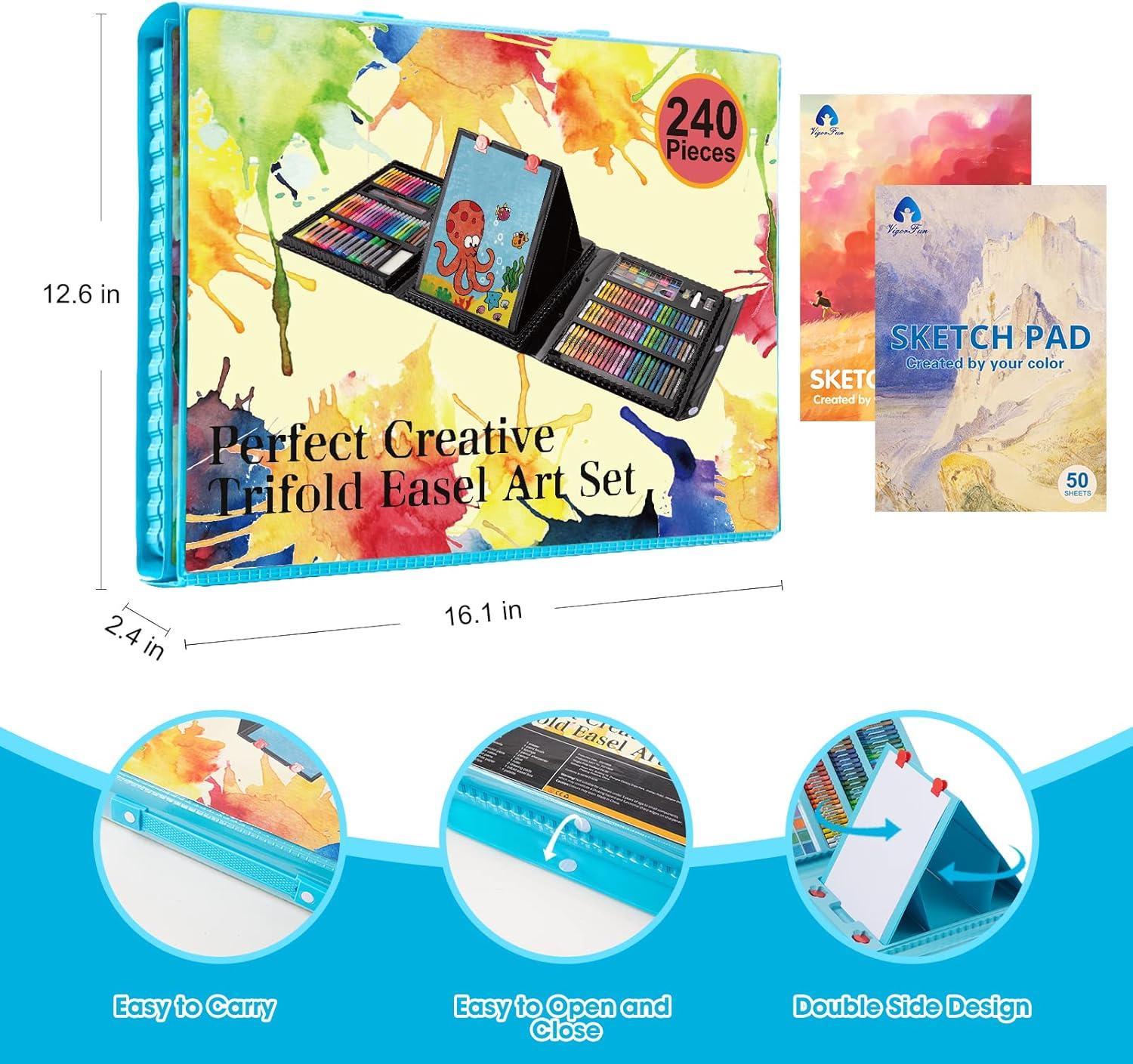 imageVigorFun Art Supplies 240Piece Drawing Art Kit Gifts for Kids Girls Boys Teens Art Set Crafts Case with Double Sided Trifold Easel Includes Sketch Pads Crayons Colored Pencils PinkBlue