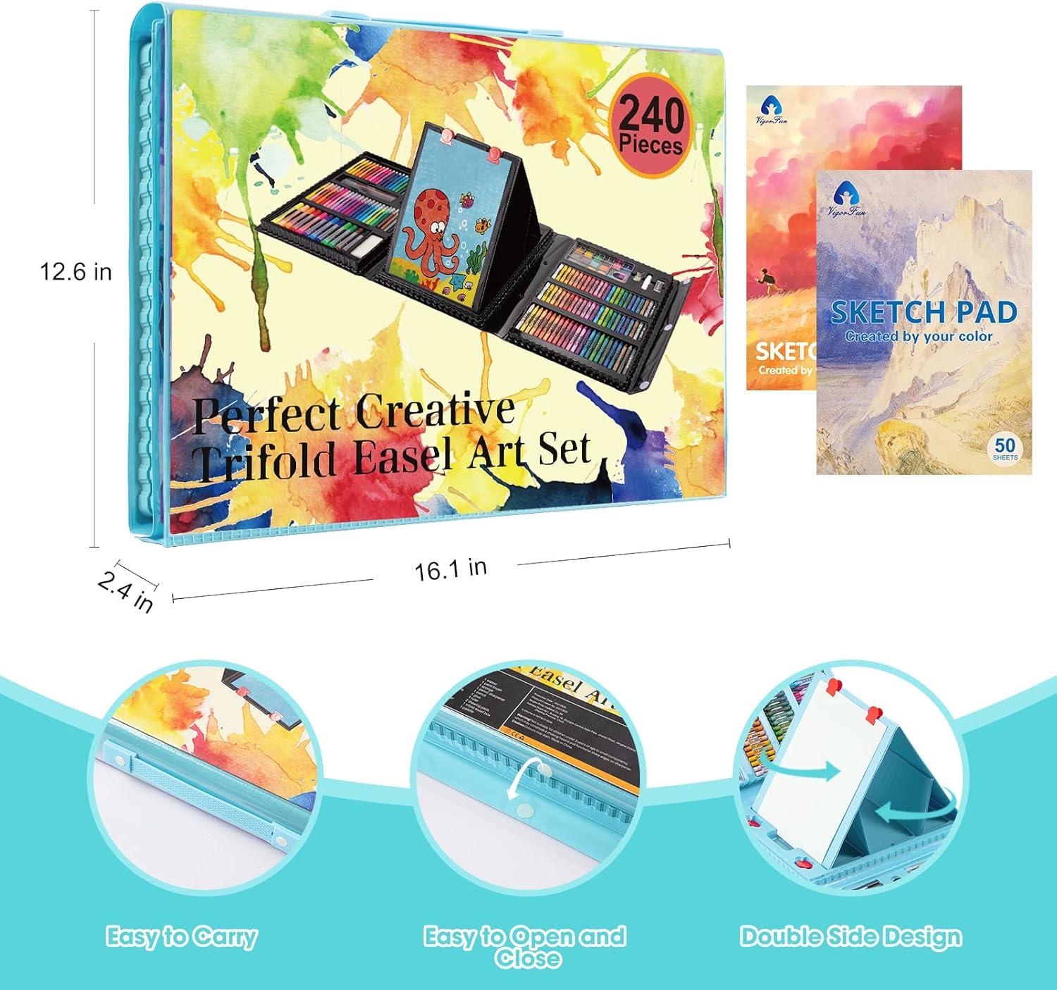imageVigorFun Art Supplies 240Piece Drawing Art Kit Gifts for Kids Girls Boys Teens Art Set Crafts Case with Double Sided Trifold Easel Includes Sketch Pads Crayons Colored Pencils PinkCyan
