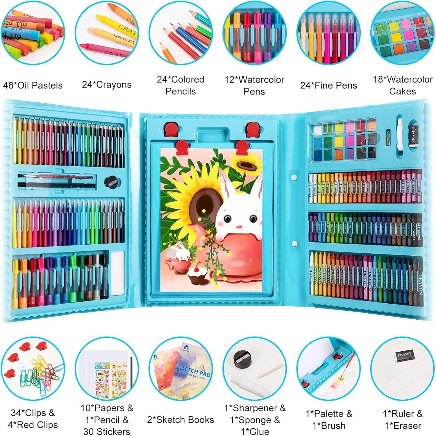imageVigorFun Art Supplies 240Piece Drawing Art Kit Gifts for Kids Girls Boys Teens Art Set Crafts Case with Double Sided Trifold Easel Includes Sketch Pads Crayons Colored Pencils PinkBlue