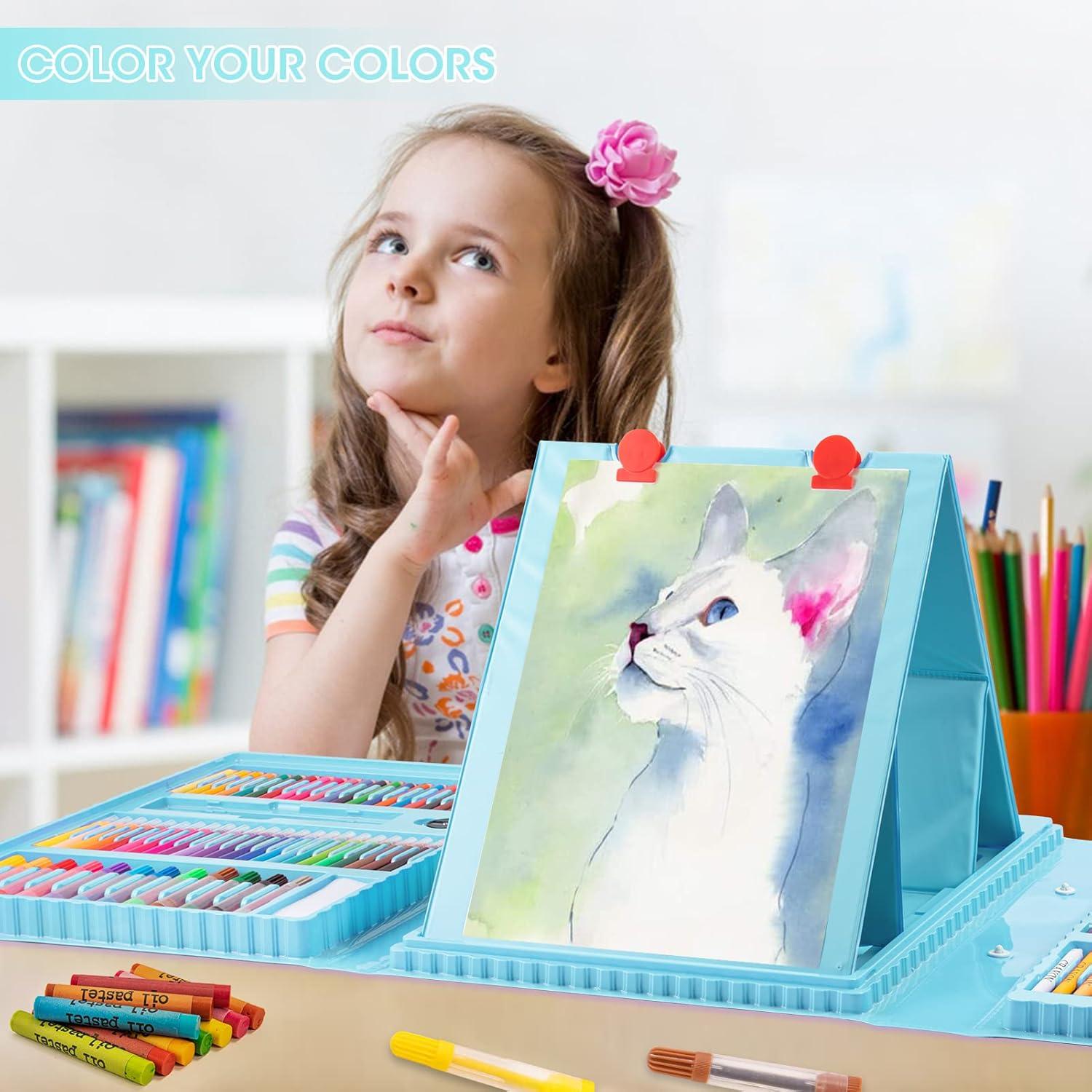 imageVigorFun Art Supplies 240Piece Drawing Art Kit Gifts for Kids Girls Boys Teens Art Set Crafts Case with Double Sided Trifold Easel Includes Sketch Pads Crayons Colored Pencils PinkCyan