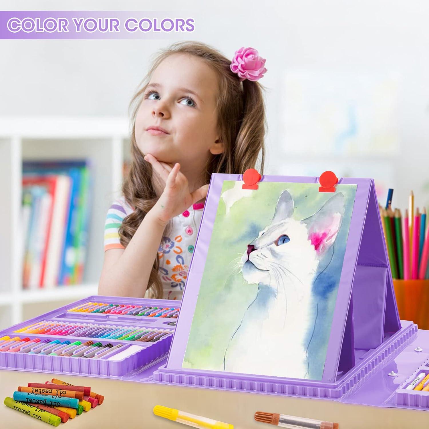 imageVigorFun Art Supplies 240Piece Drawing Art Kit Gifts for Kids Girls Boys Teens Art Set Crafts Case with Double Sided Trifold Easel Includes Sketch Pads Crayons Colored Pencils PinkPurple