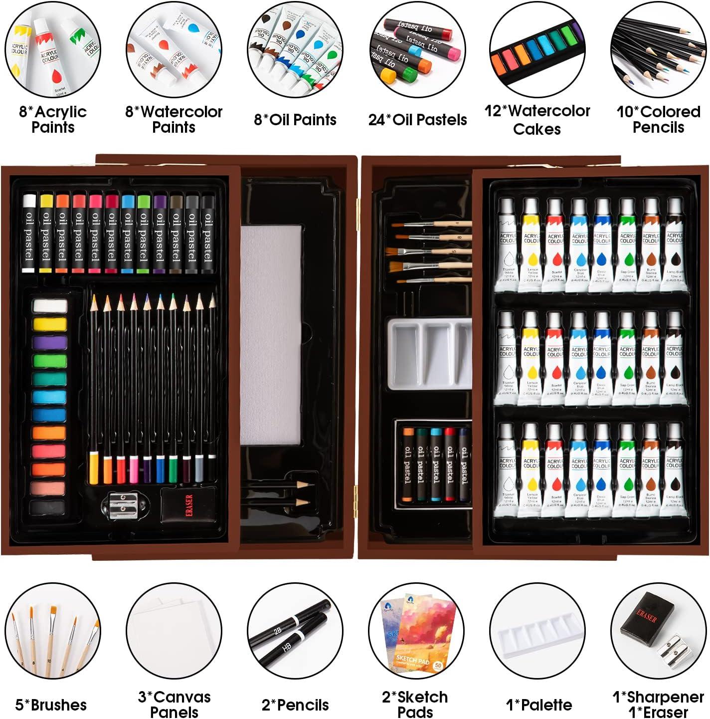 imageVigorFun Art Supplies Deluxe Wooden Art Set Crafts Drawing Painting Kit with 2 Sketch Pads Oil Pastels Acrylic Watercolor Paints Creative Gifts Box for Adults Artist Kids Teens GirlsBrown
