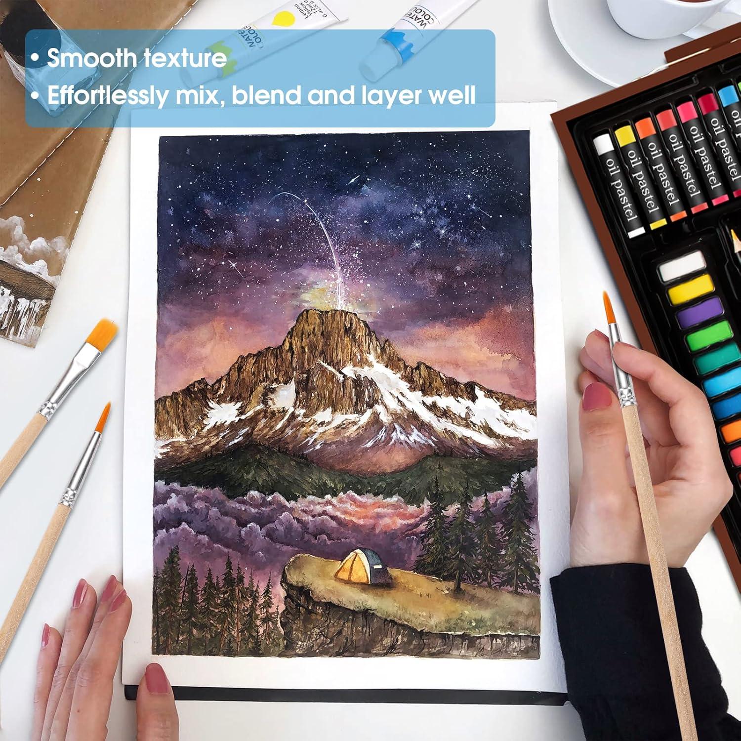 imageVigorFun Art Supplies Deluxe Wooden Art Set Crafts Drawing Painting Kit with 2 Sketch Pads Oil Pastels Acrylic Watercolor Paints Creative Gifts Box for Adults Artist Kids Teens GirlsBrown