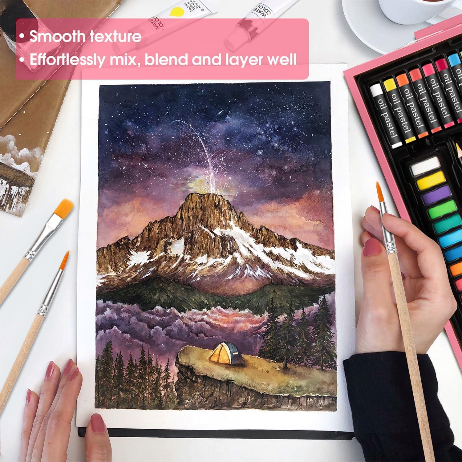 imageVigorFun Art Supplies Deluxe Wooden Art Set Crafts Drawing Painting Kit with 2 Sketch Pads Oil Pastels Acrylic Watercolor Paints Creative Gifts Box for Adults Artist Kids Teens GirlsPink