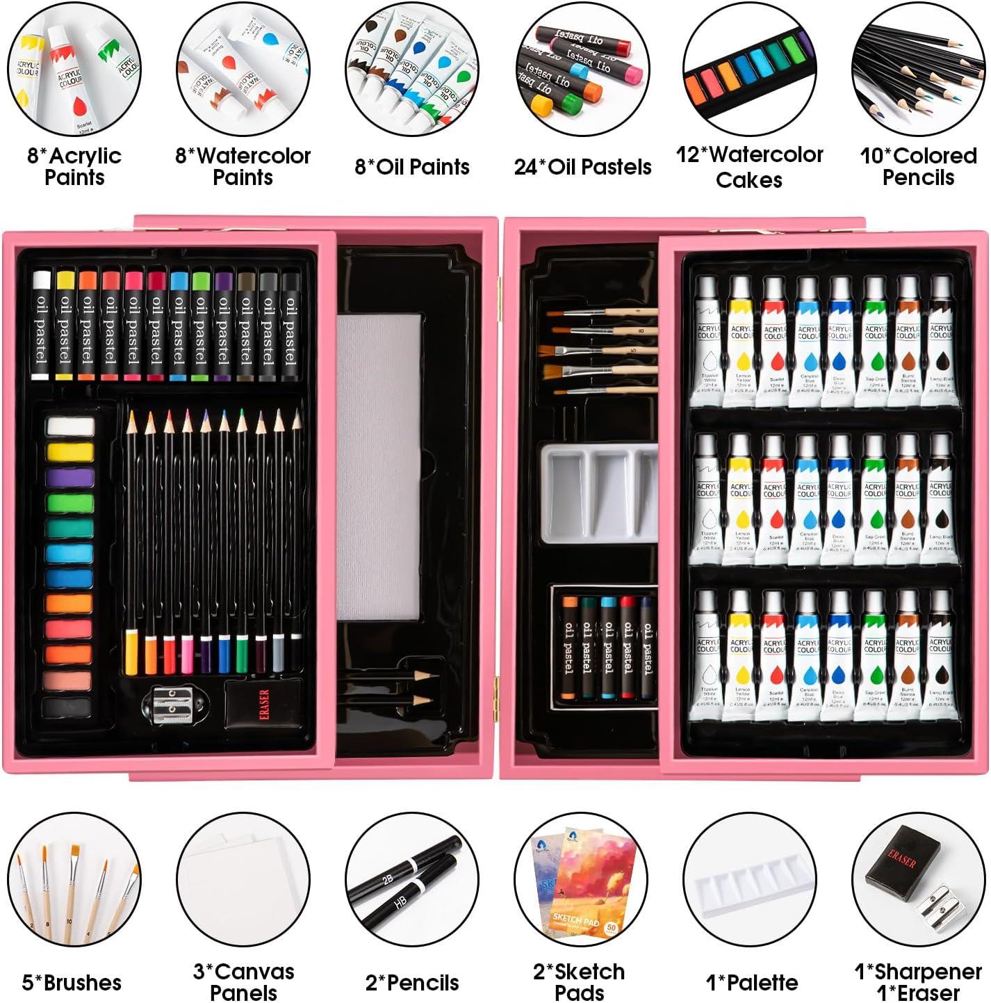 imageVigorFun Art Supplies Deluxe Wooden Art Set Crafts Drawing Painting Kit with 2 Sketch Pads Oil Pastels Acrylic Watercolor Paints Creative Gifts Box for Adults Artist Kids Teens GirlsPink