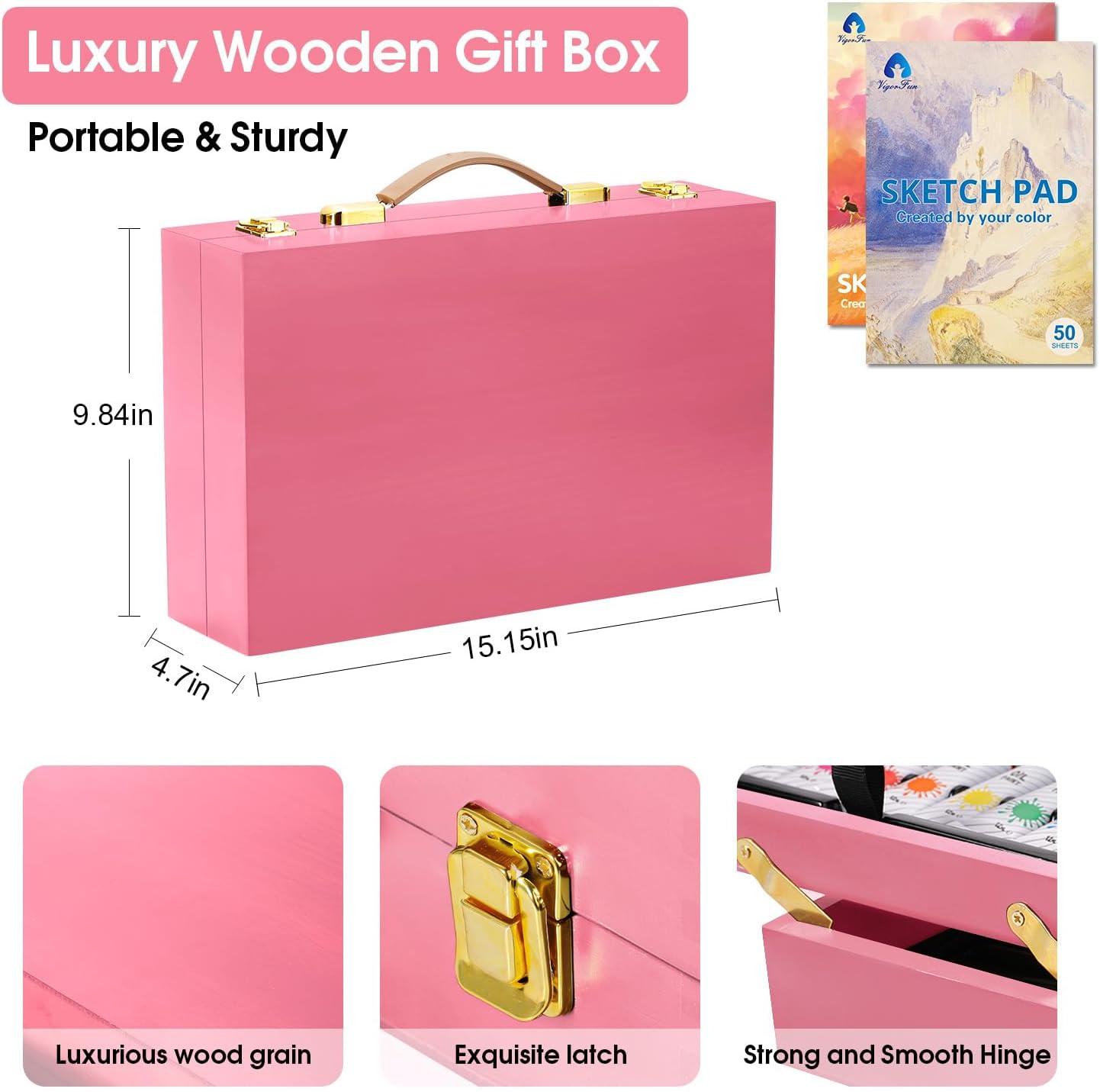 imageVigorFun Art Supplies Deluxe Wooden Art Set Crafts Drawing Painting Kit with 2 Sketch Pads Oil Pastels Acrylic Watercolor Paints Creative Gifts Box for Adults Artist Kids Teens GirlsPink