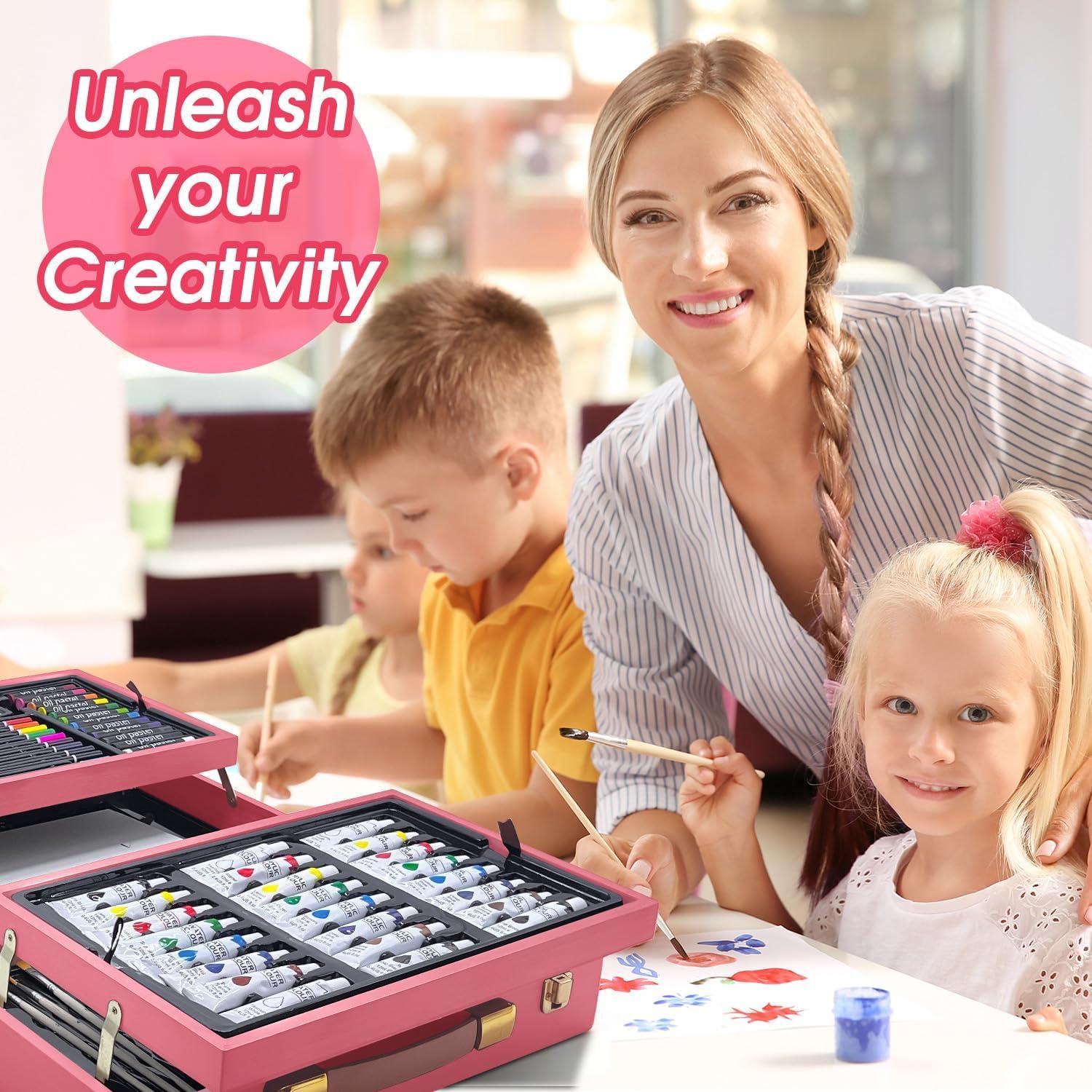 imageVigorFun Art Supplies Deluxe Wooden Art Set Crafts Drawing Painting Kit with 2 Sketch Pads Oil Pastels Acrylic Watercolor Paints Creative Gifts Box for Adults Artist Kids Teens GirlsPink