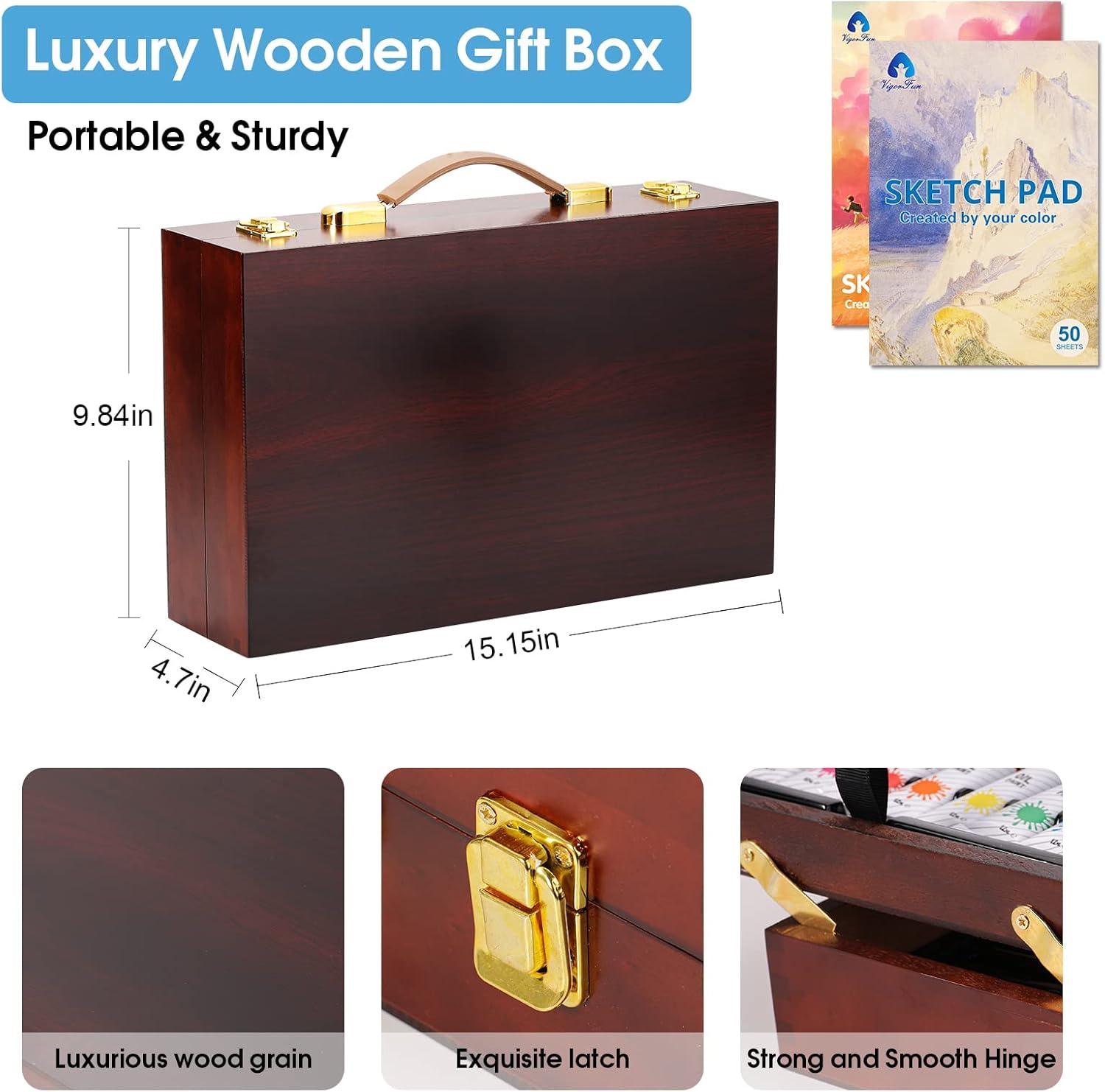 imageVigorFun Art Supplies Deluxe Wooden Art Set Crafts Drawing Painting Kit with 2 Sketch Pads Oil Pastels Acrylic Watercolor Paints Creative Gifts Box for Adults Artist Kids Teens GirlsBrown