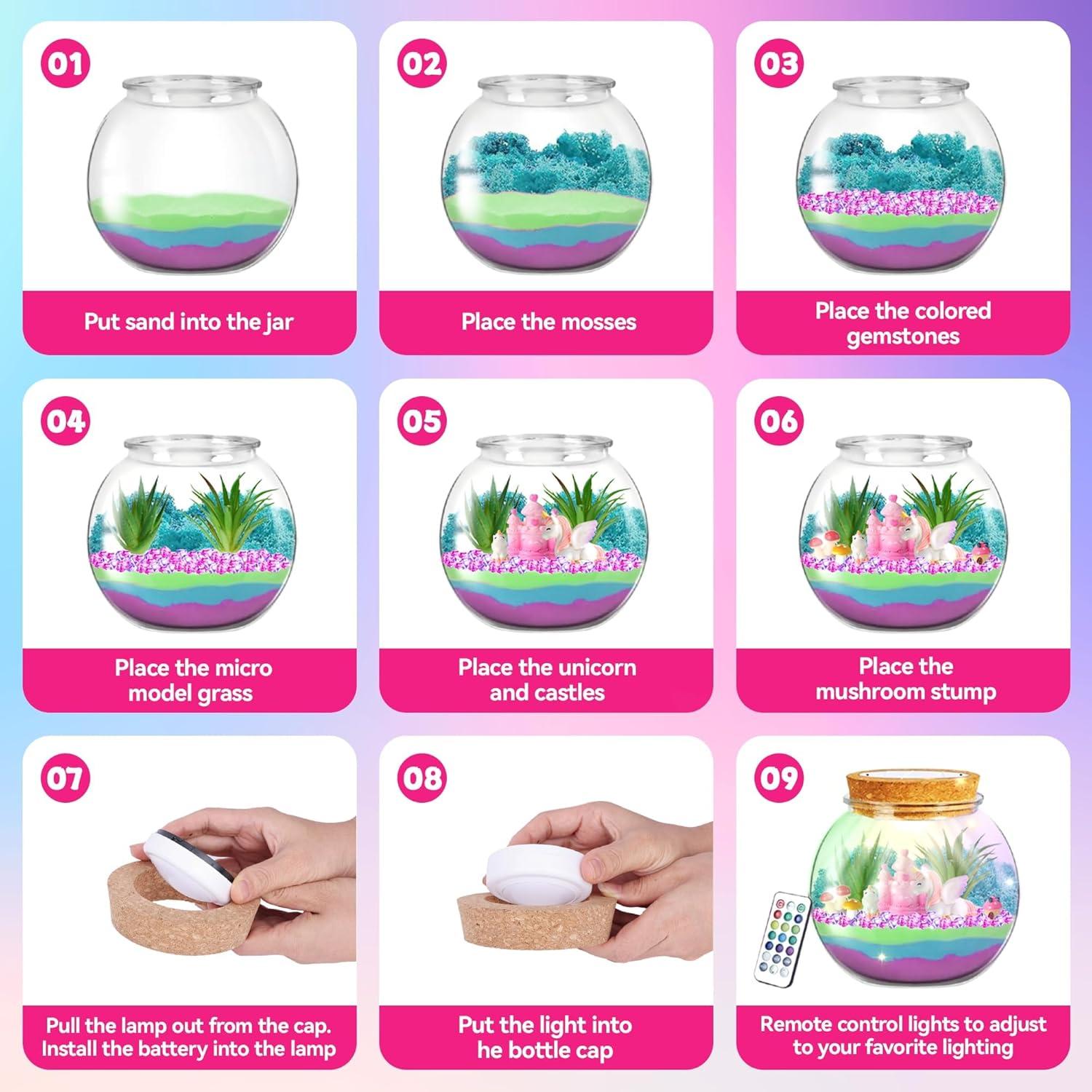 imageVigorFun Unicorn Terrarium Kit for Kids  Creative LED Night Light Gifts for Girls Birthday Age 3 DIY Arts ampamp Crafts Light Up Kit Unicorn Toys for Kids 4 5 6 7 8 9 10 Year OldUnicorn