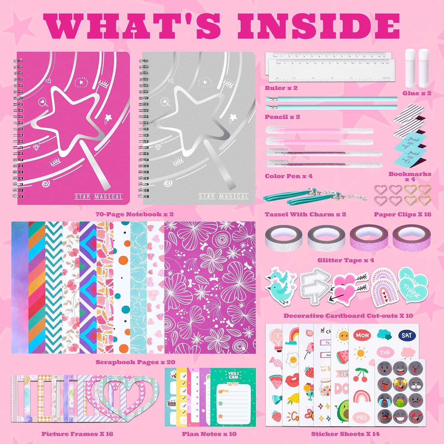 imageVigorFun 2 Pack DIY Journal Kit for Girls Ages 812 Gifts for Teen Girls  Share Scrapbook ampamp Diary Supplies Set with Friends Journaling Art and Crafts Kit PinkBluePinkPurple