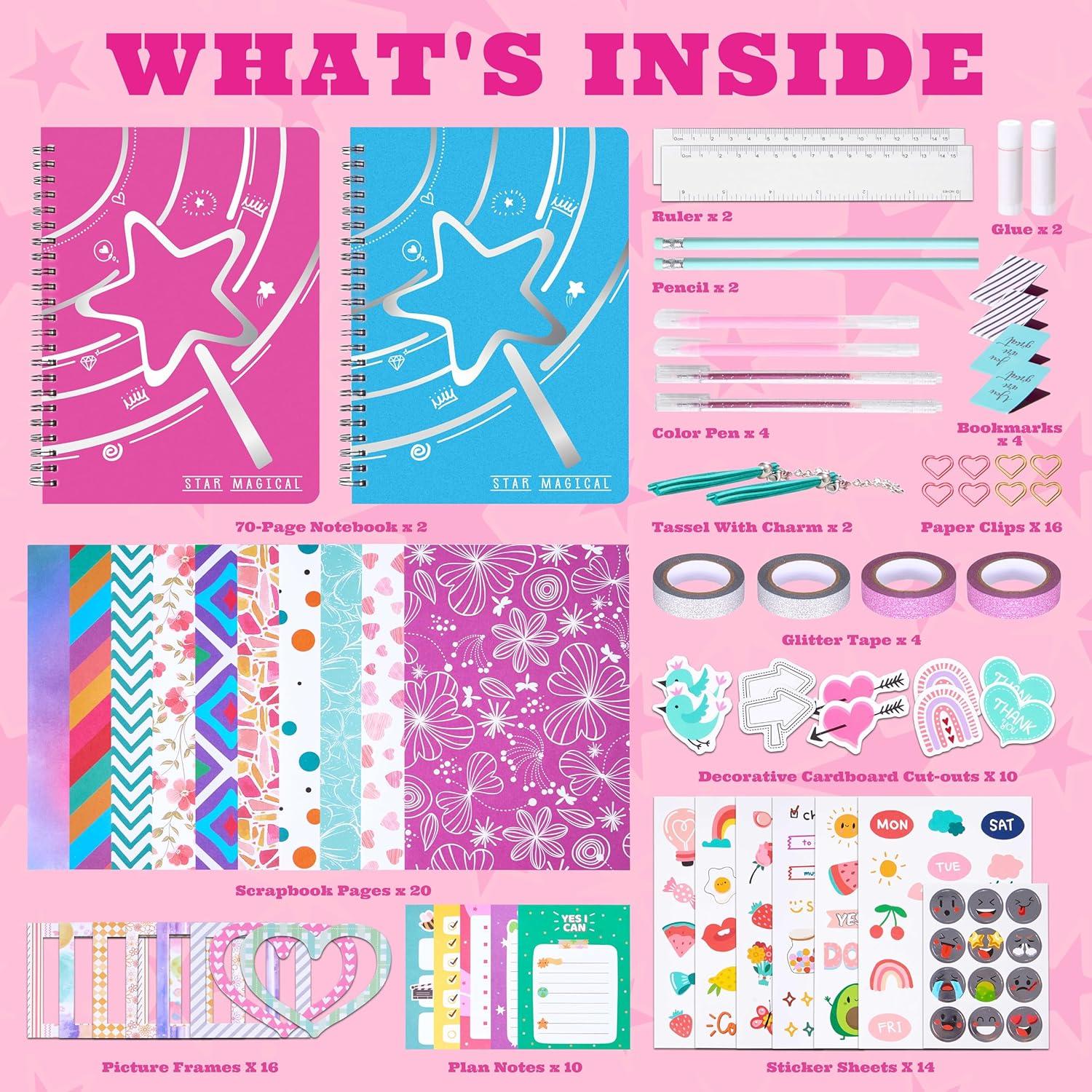 imageVigorFun 2 Pack DIY Journal Kit for Girls Ages 812 Gifts for Teen Girls  Share Scrapbook ampamp Diary Supplies Set with Friends Journaling Art and Crafts Kit PinkBluePinkBlue