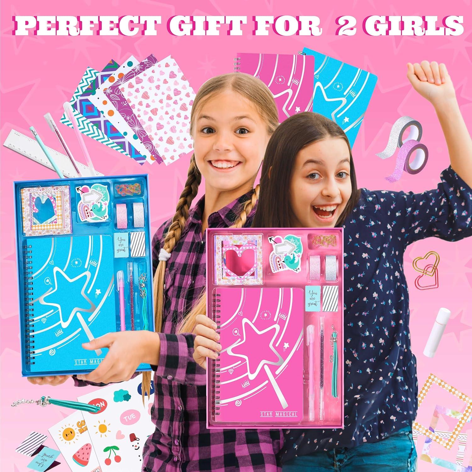 imageVigorFun 2 Pack DIY Journal Kit for Girls Ages 812 Gifts for Teen Girls  Share Scrapbook ampamp Diary Supplies Set with Friends Journaling Art and Crafts Kit PinkBluePinkBlue