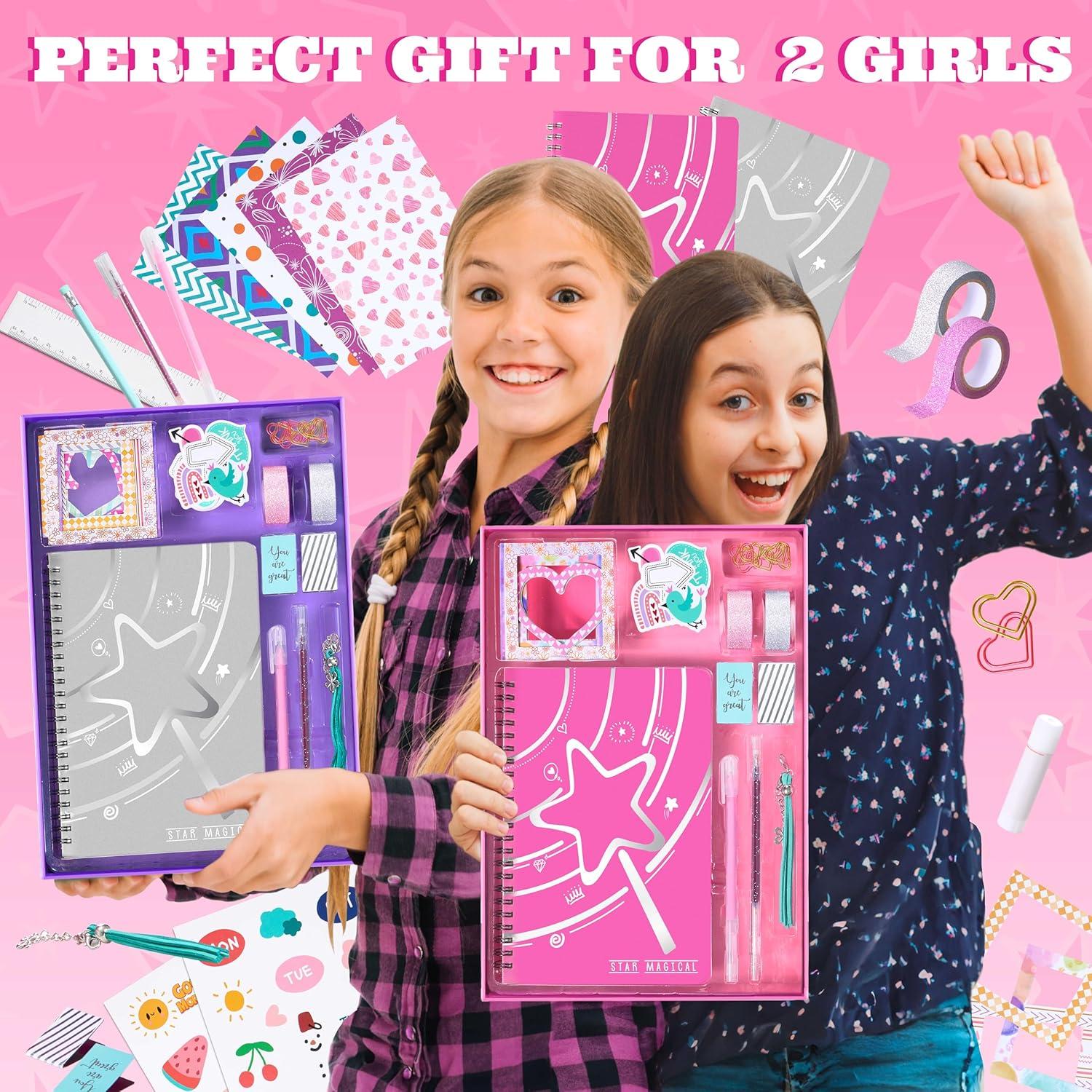 imageVigorFun 2 Pack DIY Journal Kit for Girls Ages 812 Gifts for Teen Girls  Share Scrapbook ampamp Diary Supplies Set with Friends Journaling Art and Crafts Kit PinkBluePinkPurple