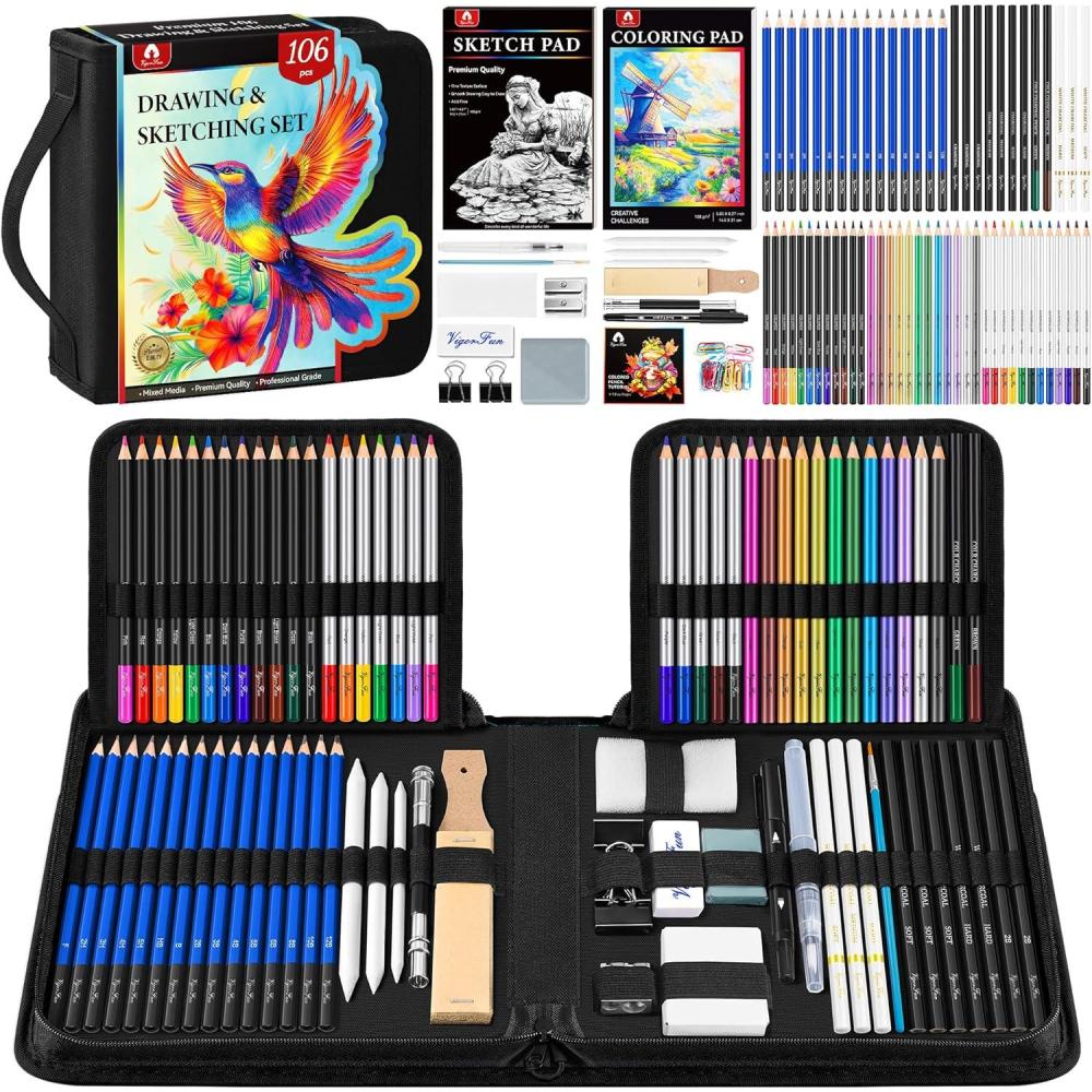 image106 PCS Art Supplies Sketching Kit Pro Drawing Pencils with 3Color Sketchbook Coloring Book Colored Graphite Charcoal Watercolor ampamp Metallic Pencils Drawing Supplies Gifts for Artists Adults KidsBlack