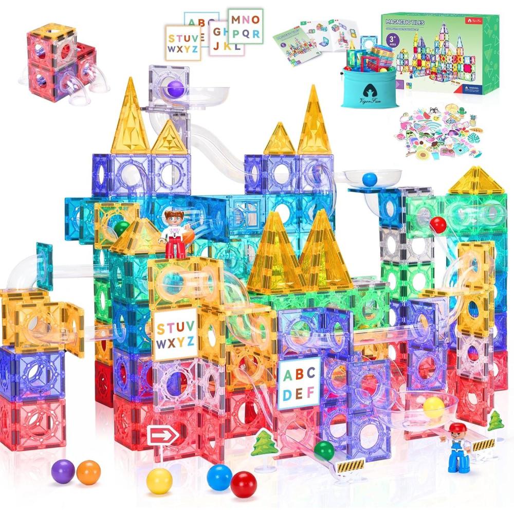 image126Piece Magnetic Tiles Building Blocks Set  STEM Construction Kit with Car Toy Figurines ampamp Stickers Educational Sensory Toys for Kids Ages 38 Creative Gift for Toddlers Boys ampamp GirlsMagnetic Tiles 171pcs
