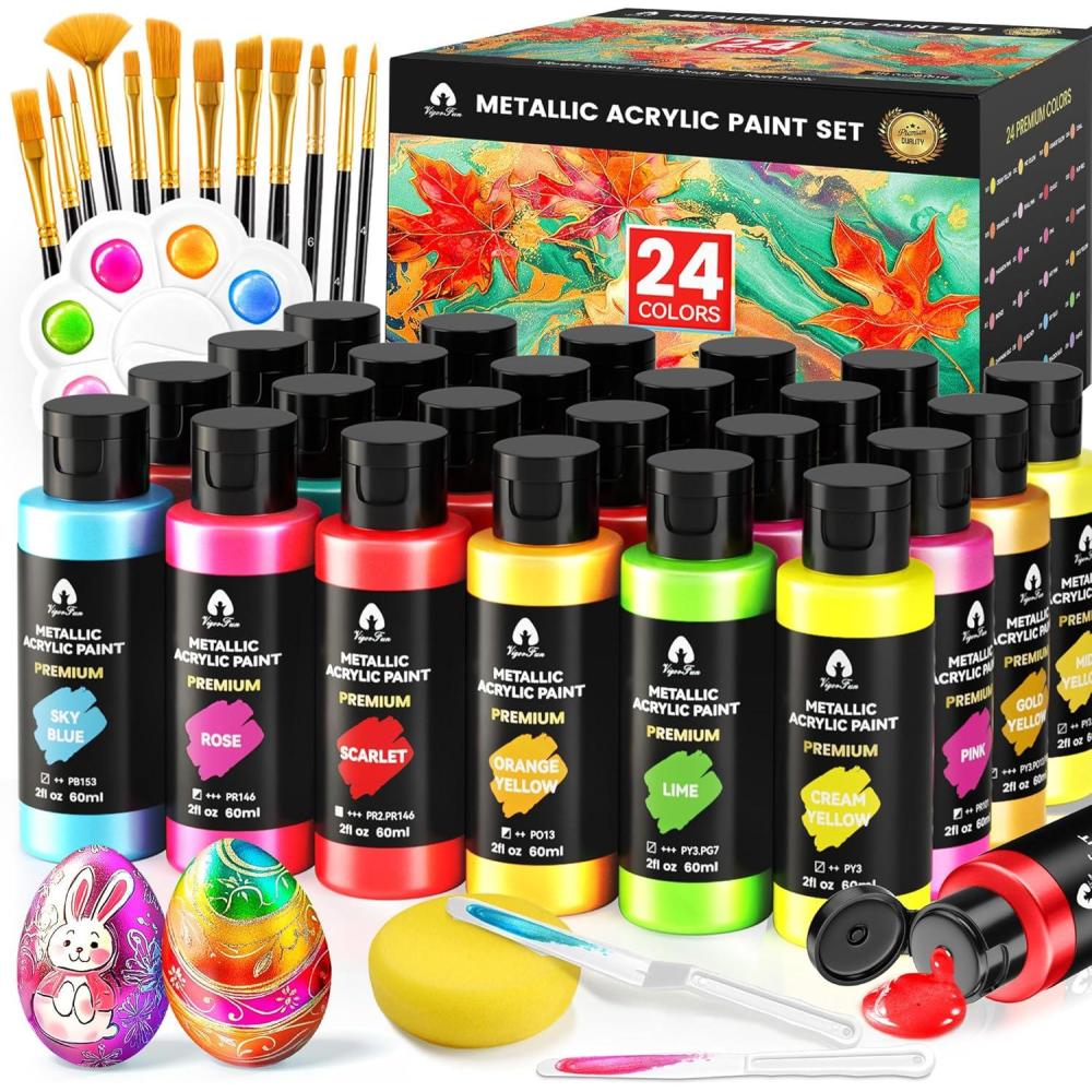 image40 Pcs Iridescent Acrylic Paint Set with 12 Brushes 2 Knives ampamp Palette 24 Colors 2oz60ml  for Adults Kids Artists ampamp Beginners  Canvas Ceramic Rock Wood Egg Painting KitMetallic
