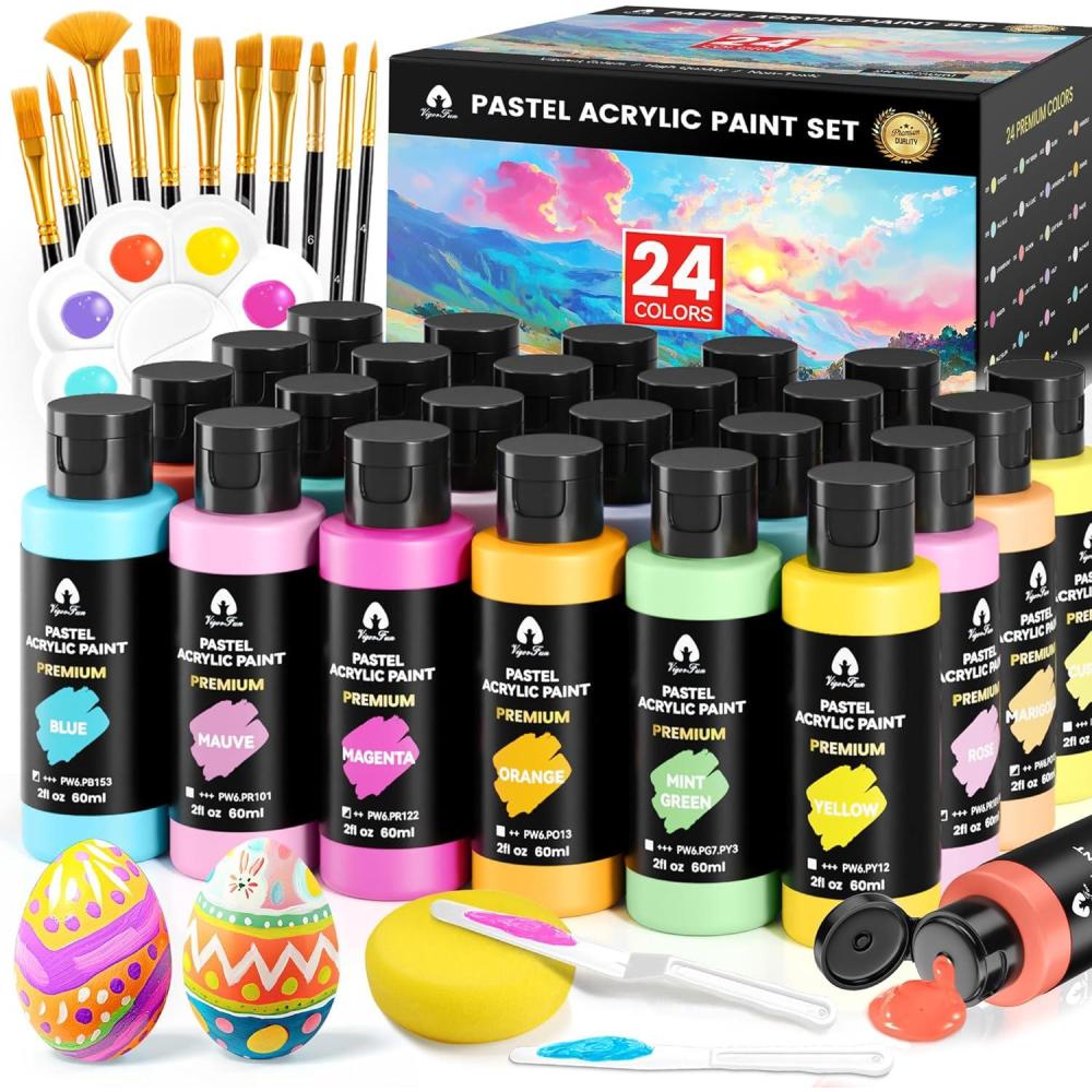 image40 Pcs Iridescent Acrylic Paint Set with 12 Brushes 2 Knives ampamp Palette 24 Colors 2oz60ml  for Adults Kids Artists ampamp Beginners  Canvas Ceramic Rock Wood Egg Painting KitPastel