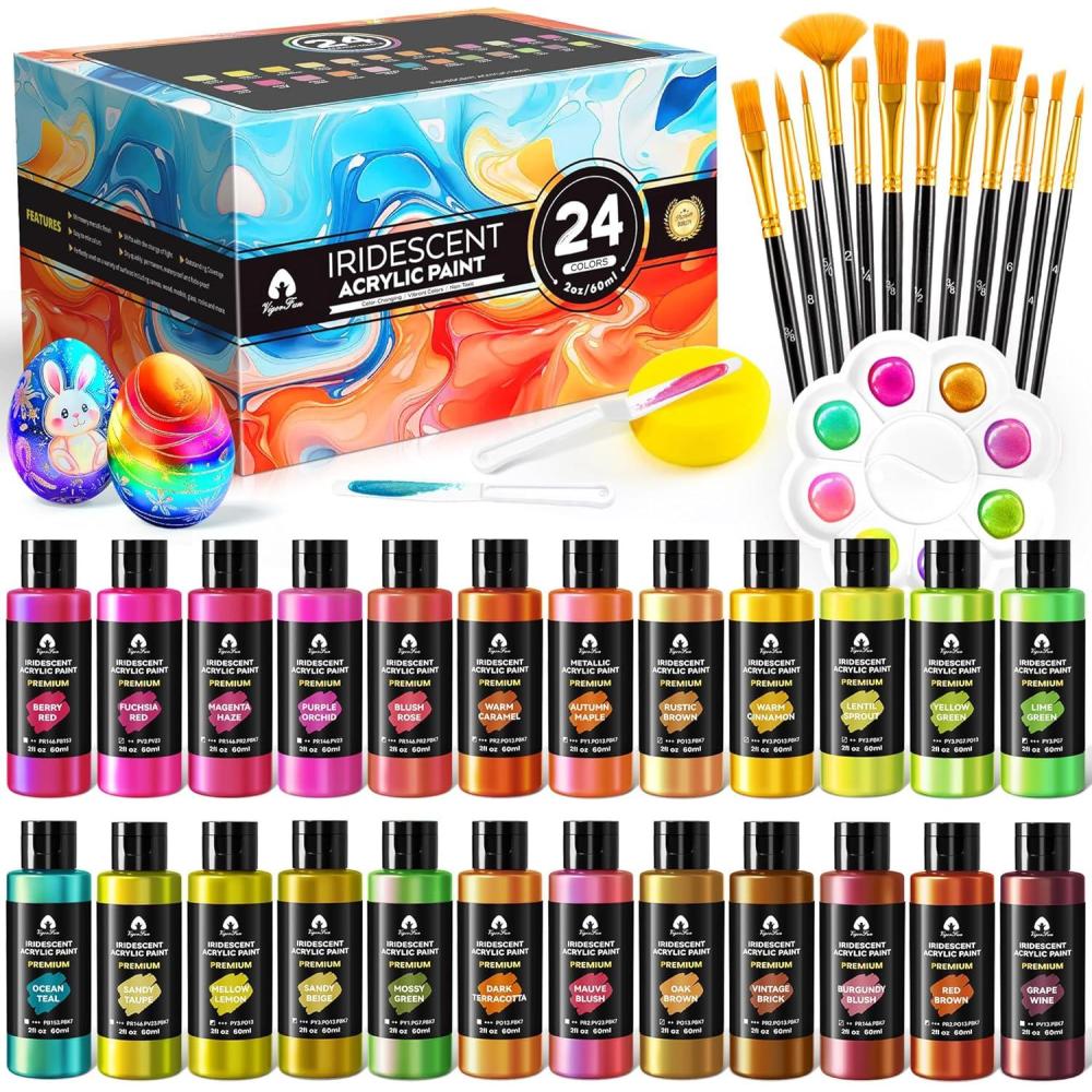 image40 Pcs Iridescent Acrylic Paint Set with 12 Brushes 2 Knives ampamp Palette 24 Colors 2oz60ml  for Adults Kids Artists ampamp Beginners  Canvas Ceramic Rock Wood Egg Painting KitIridescent