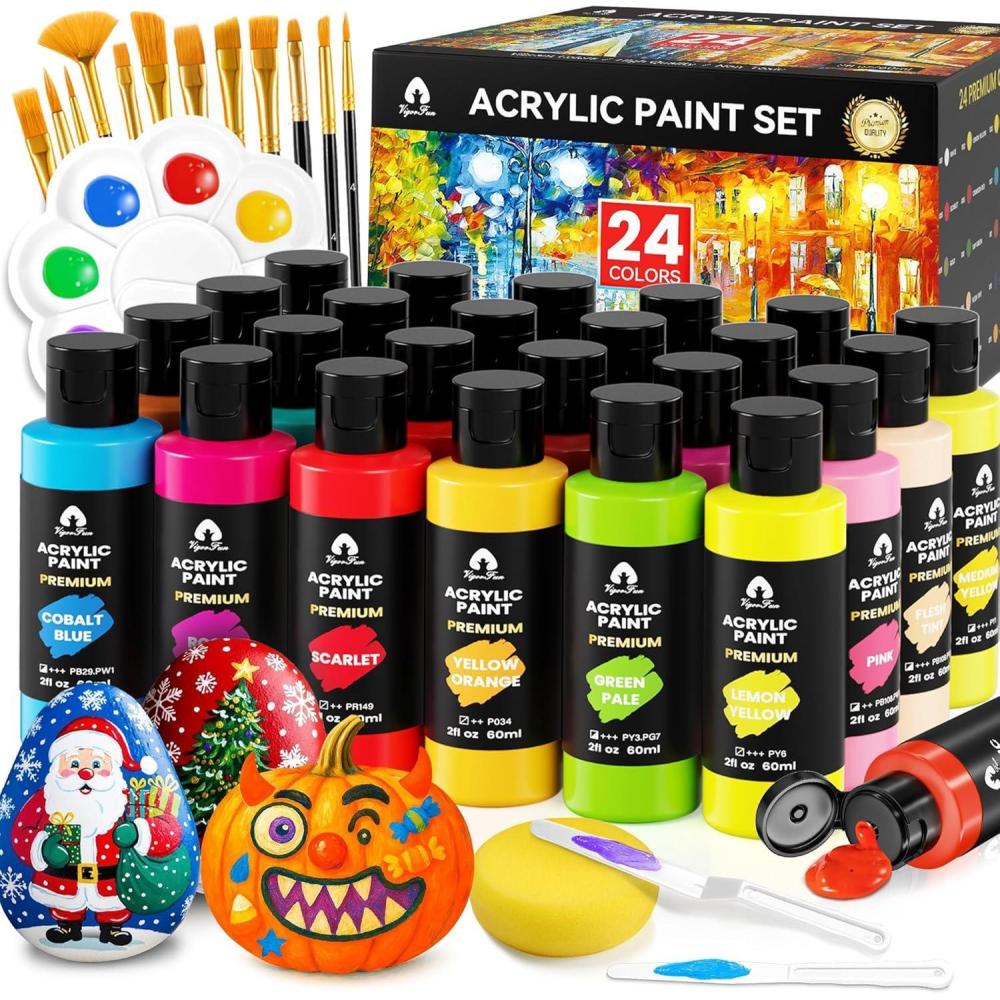 image52 Pcs Acrylic Paint Set  36 Colors 2oz60ml with 12 Brushes 2 Knives ampamp Palette  Rich Pigments for Adults Kids Artists ampamp Beginners  Painting on Halloween Pumpkin Canvas Ceramic Rock WoodClassic