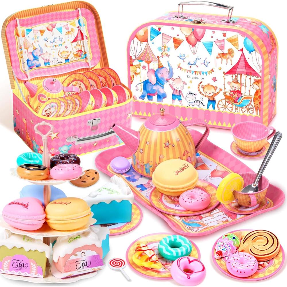 image61Pcs Tea Party Set for Little Girls Dreamland World Tea Set Toys Including Dessert Cake Stand ampamp Carrying Case Kids Kitchen Pretend Play for 3 4 5 6 Year Old Girl Birthday GiftsCircus Animals With Cake Stand