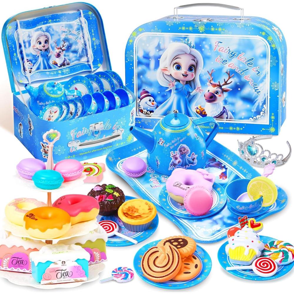 image61Pcs Tea Party Set for Little Girls Dreamland World Tea Set Toys Including Dessert Cake Stand ampamp Carrying Case Kids Kitchen Pretend Play for 3 4 5 6 Year Old Girl Birthday GiftsIce and Snow With Cake Stand