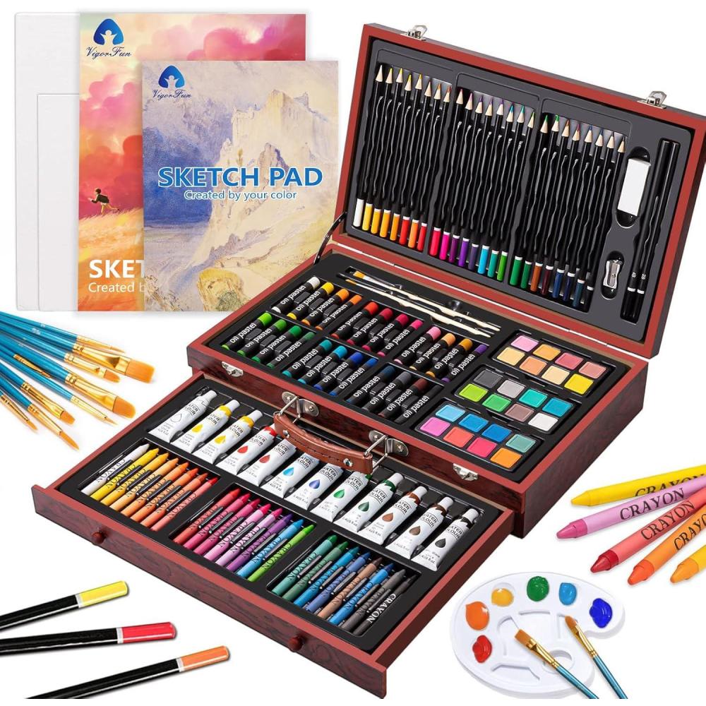 imageArt Supplies 185Piece Super Deluxe Wooden Art Set Crafts Drawing Kit with 2 Sketch Pads Crayons Oil Pastels Colored Pencils Watercolor Cakes Creative Gift for Teens Beginners Girls BoysDoubleTray