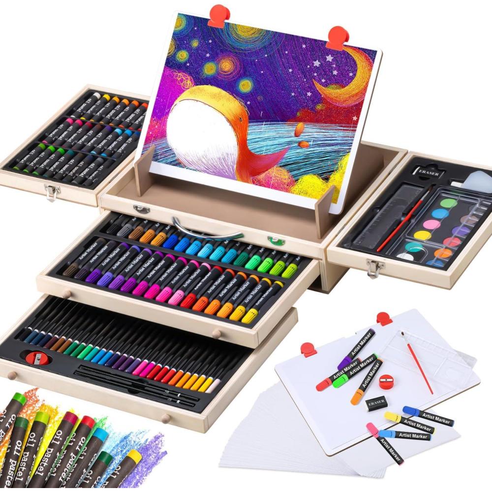 imageArt Supplies Wooden Art Set Crafts Kit with Drawing Easel Deluxe Kids Art Set Oil Pastels Colored Pencils Watercolor Cakes Creative Gift for Kids Teens Beginners Girls Boys