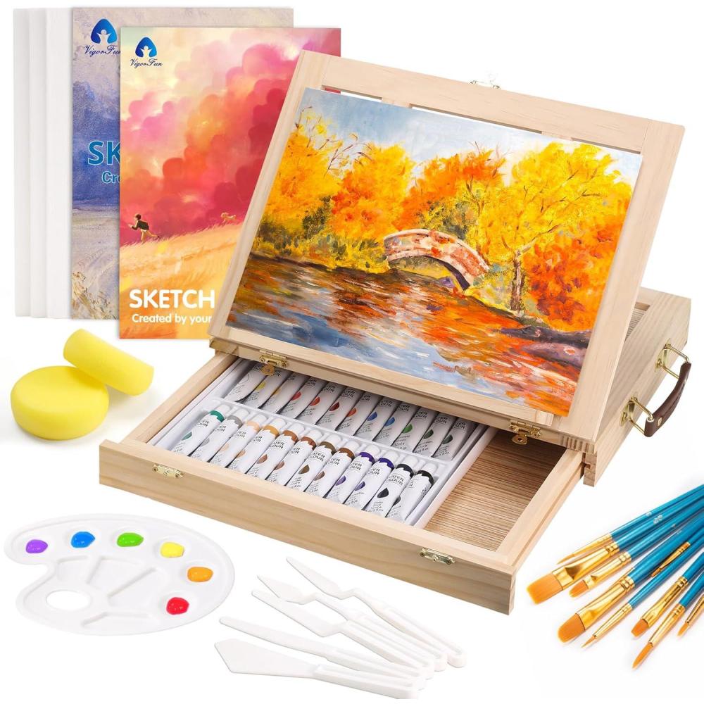 imagePainting Supplies Set 49 Pieces Watercolor Painting Kit with Wooden Tabletop Easel Includes Watercolor Paints Brushes Palette Canvas Panels and Painting Pads for Artists Student Adults Kids