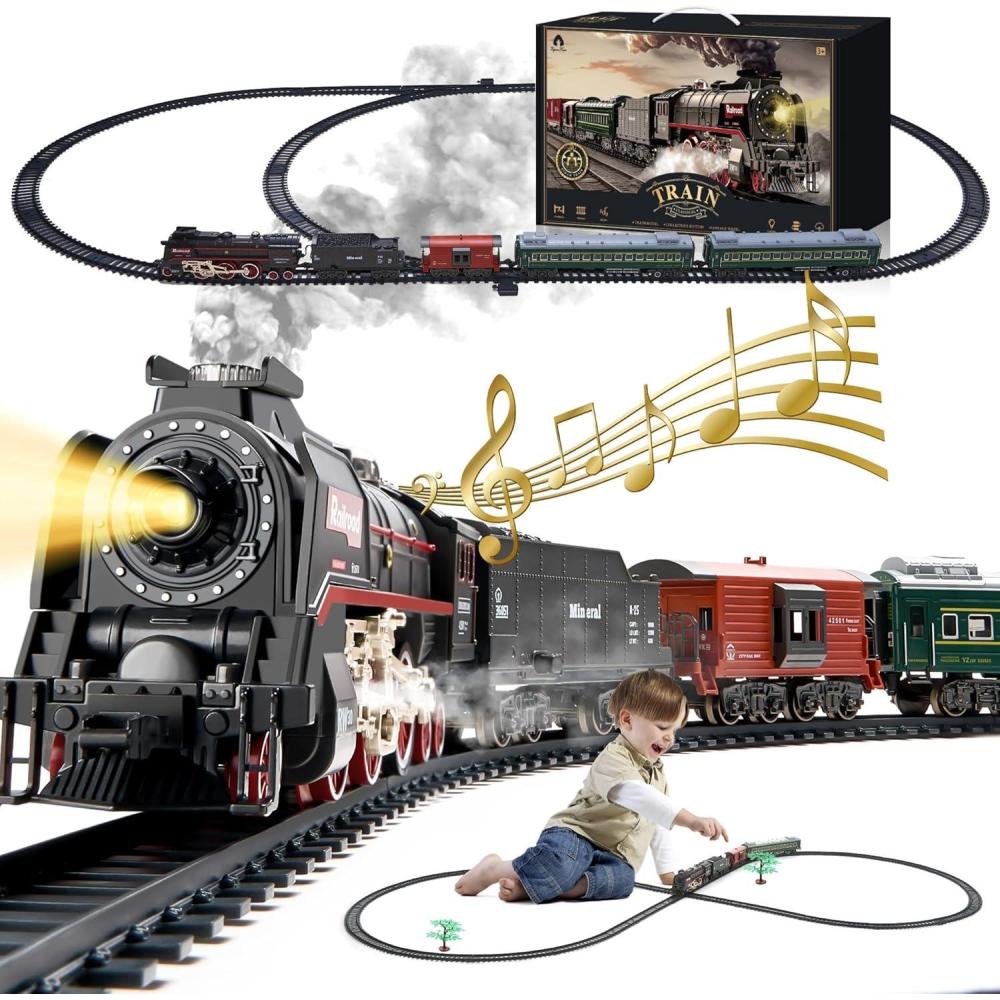 imageTrain Set with More Tracks ampamp Carriages Luxury Train Toys with Smoke Light and Sound Christmas Train Sets for Around The Tree Toy Train Set for 3 4 5 6 7 8 Years Old Boys Toddlers Gifts
