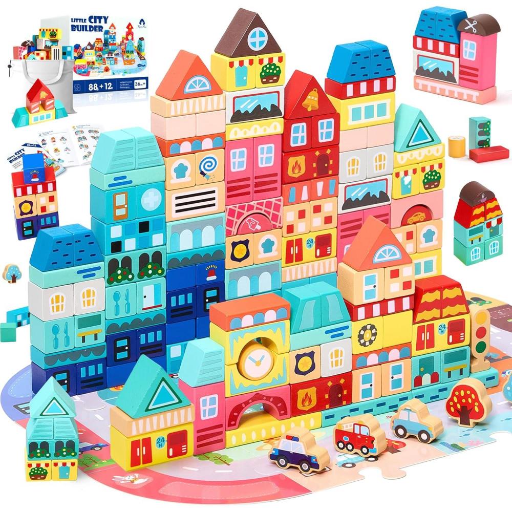 imageVigorFun 100 PCS Wooden Building Blocks Set  City Builder Stacking Toy with Storage Bag Montessori Preschool Toys for Kids Toddlers Birthday Gifts Ages 3Patterned Blocks