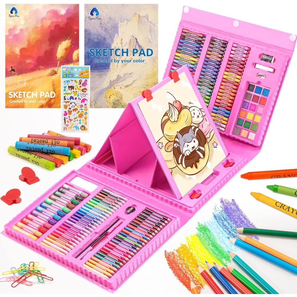 imageVigorFun Art Supplies 240Piece Drawing Art Kit Gifts for Kids Girls Boys Teens Art Set Crafts Case with Double Sided Trifold Easel Includes Sketch Pads Crayons Colored Pencils PinkPink