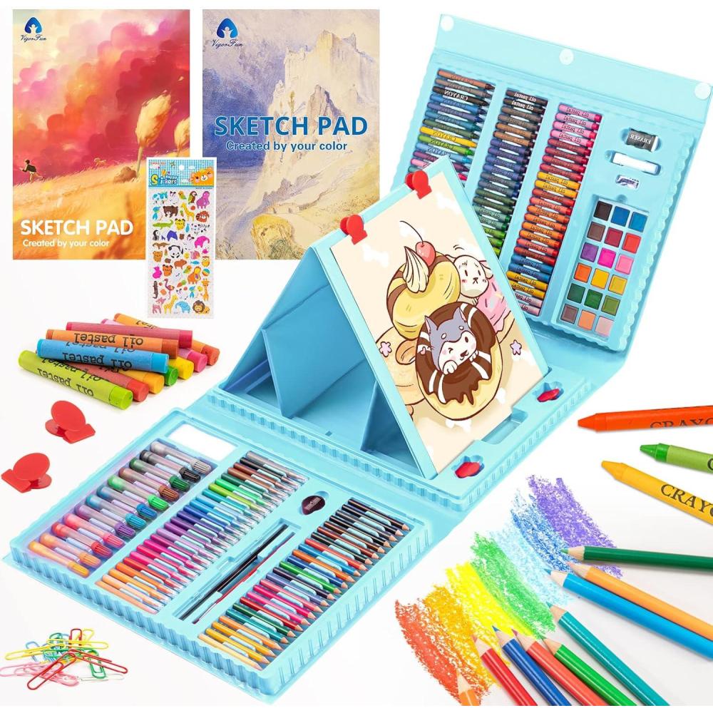 imageVigorFun Art Supplies 240Piece Drawing Art Kit Gifts for Kids Girls Boys Teens Art Set Crafts Case with Double Sided Trifold Easel Includes Sketch Pads Crayons Colored Pencils PinkCyan
