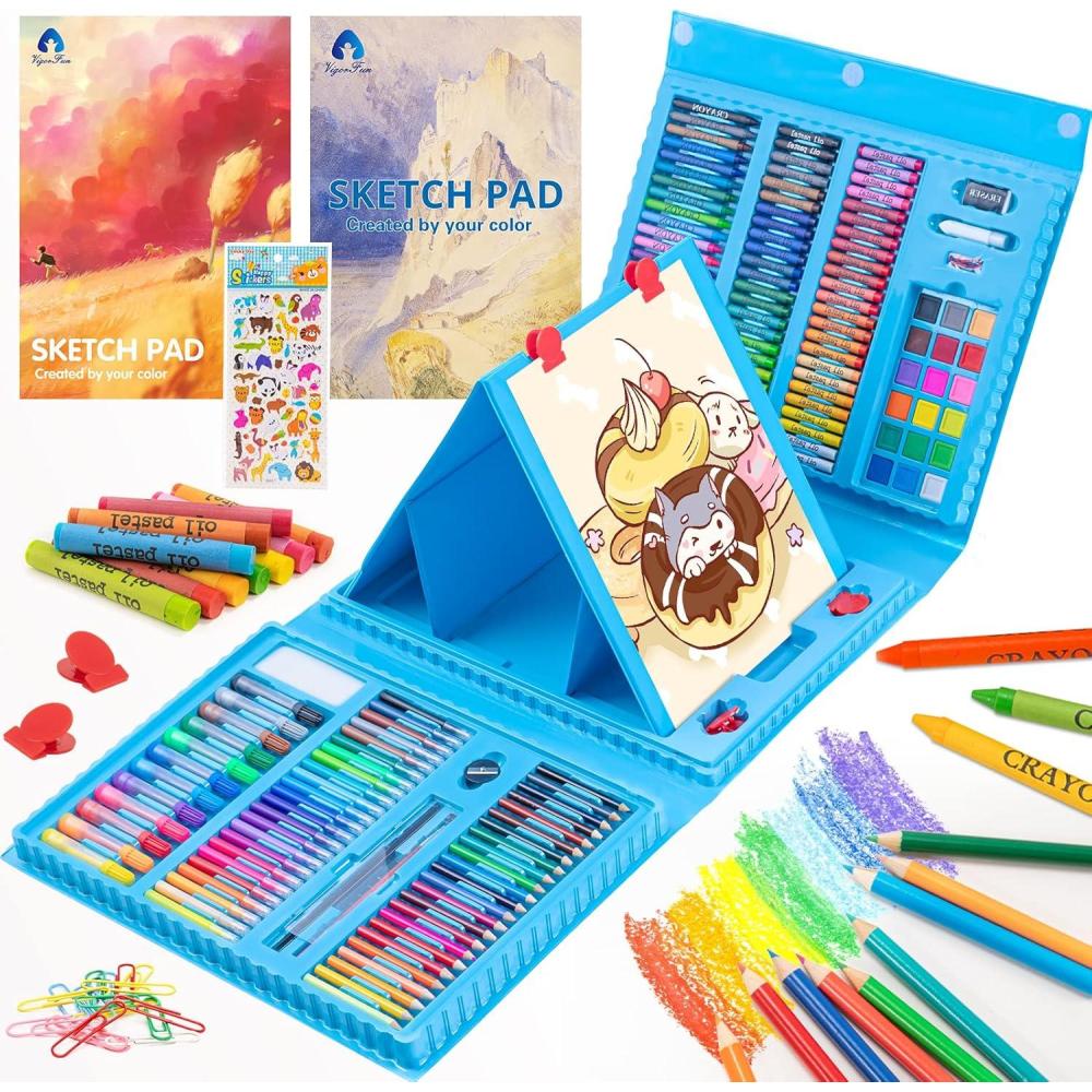 imageVigorFun Art Supplies 240Piece Drawing Art Kit Gifts for Kids Girls Boys Teens Art Set Crafts Case with Double Sided Trifold Easel Includes Sketch Pads Crayons Colored Pencils PinkBlue